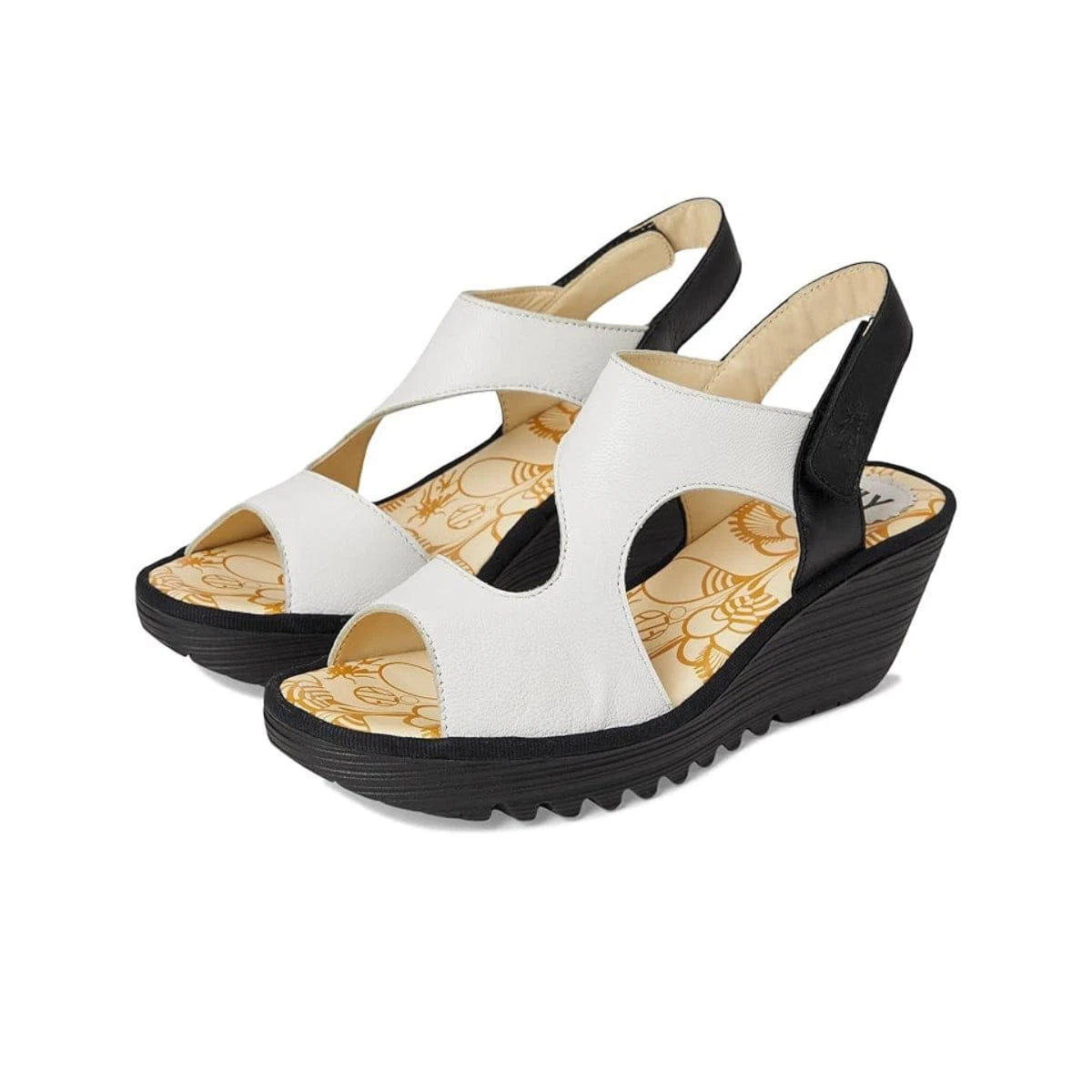 Fly London YOXA576FLY Sandals Womens - White Black Slingback Wedge ZOGG2969