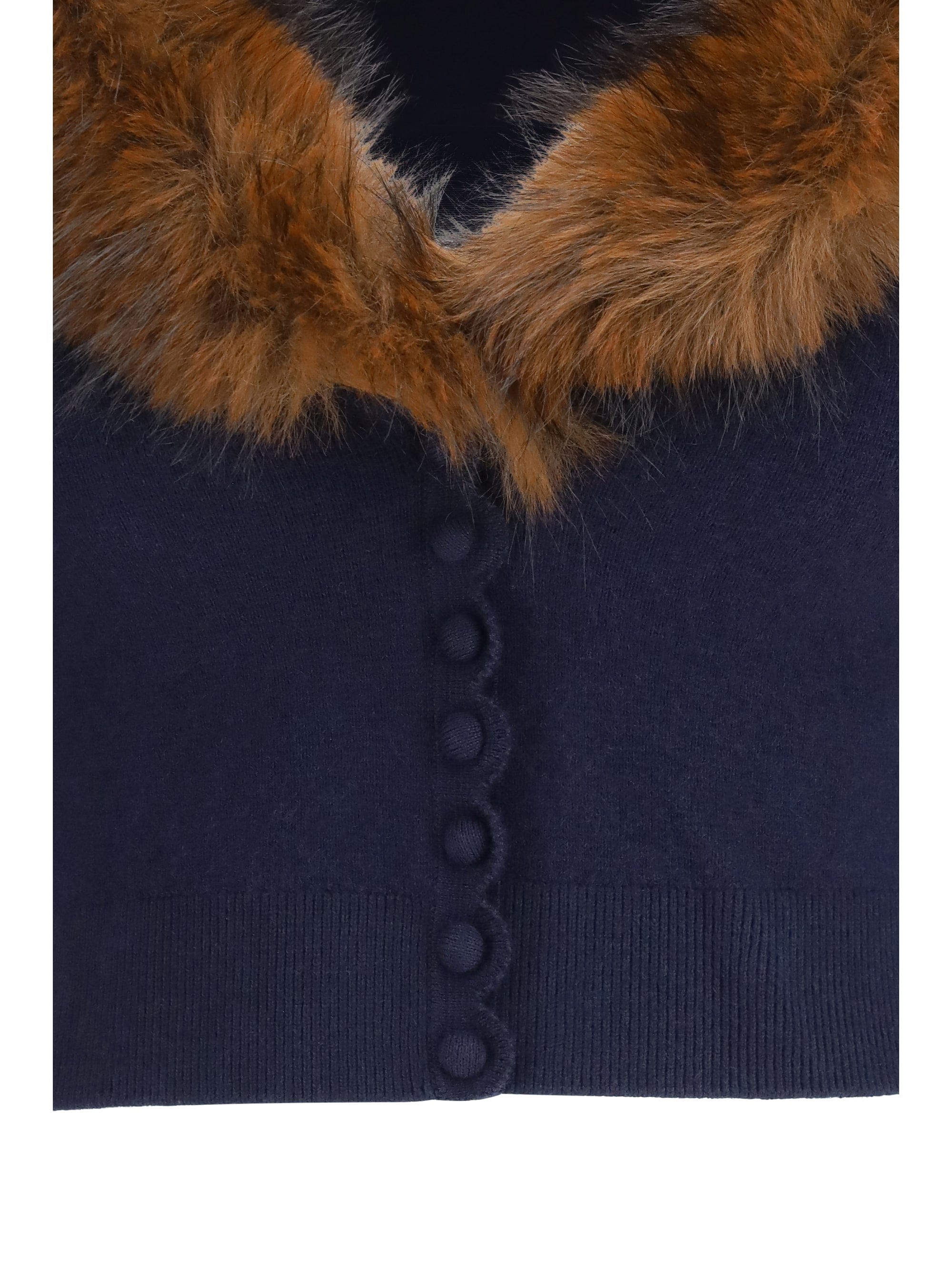 Self - Portrait Knit and Faux Fur Cardigan — Navy