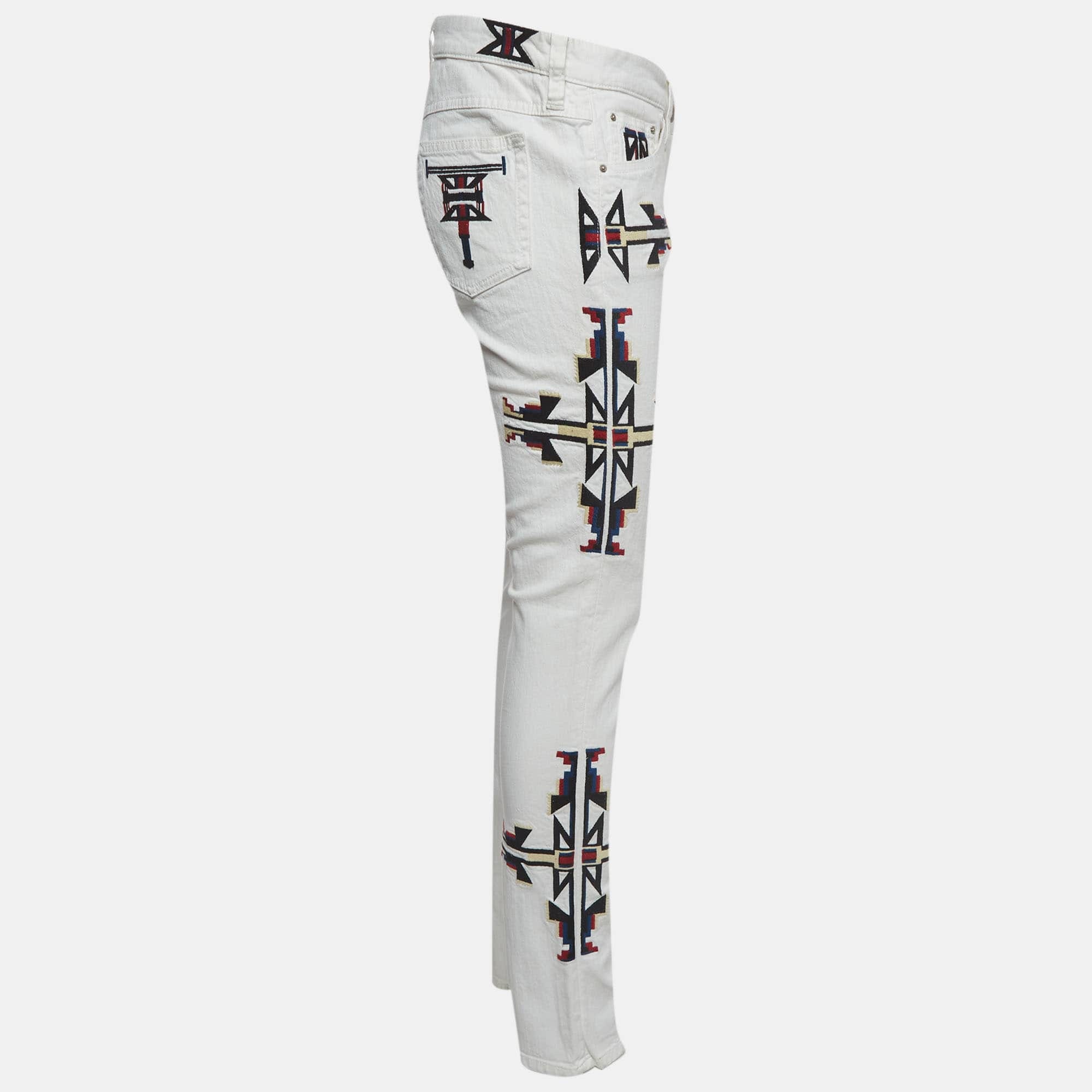 Isabel Marant White Geometric Embroidered Denim Slim Fit Jeans L/waist