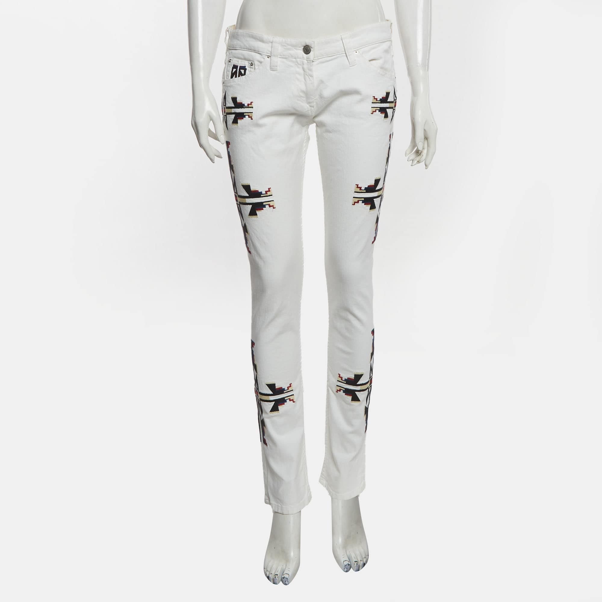 Isabel Marant White Geometric Embroidered Denim Slim Fit Jeans L/waist
