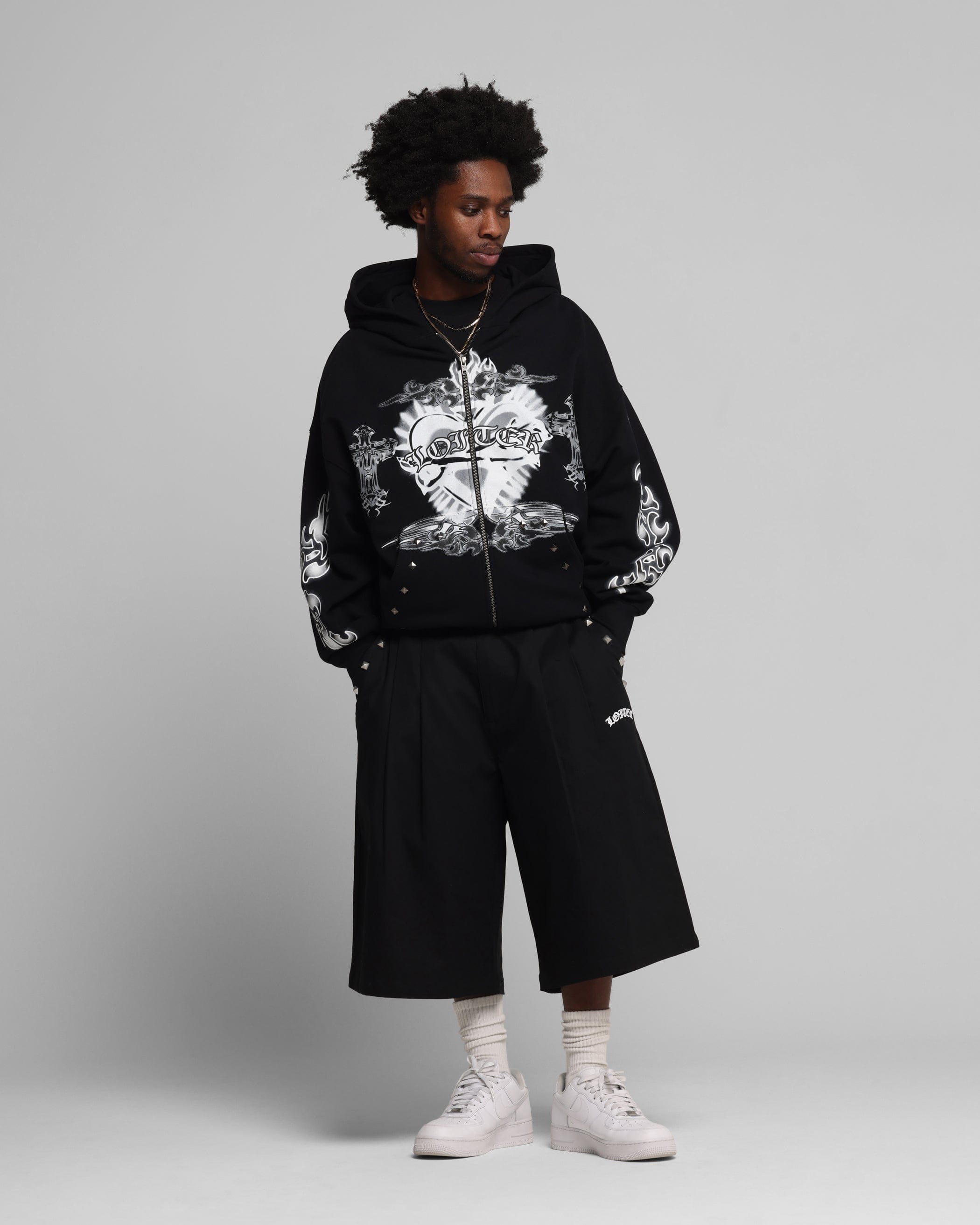 Loiter Hearts Zip Hoodie Black