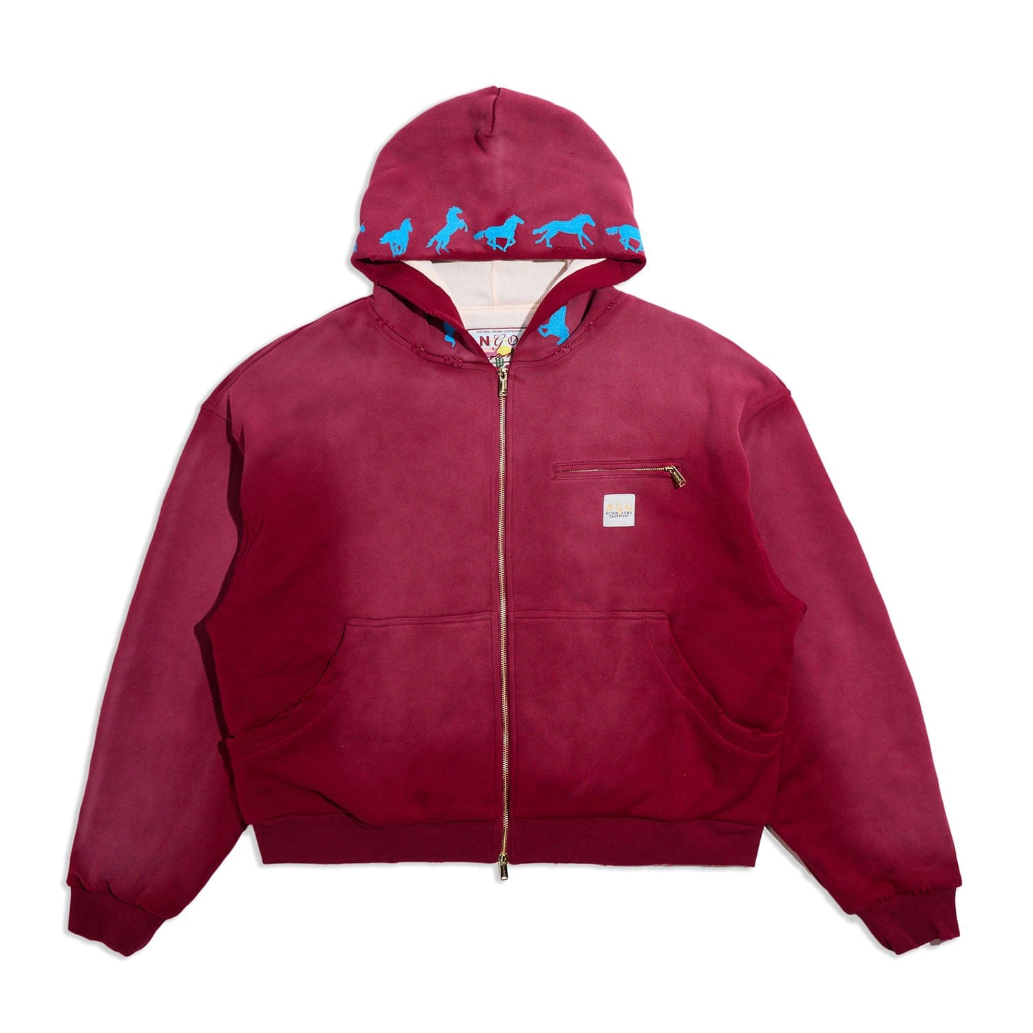 Nothing Grows Overnight NGO Running Horse Full Zip Hoodie Maroon