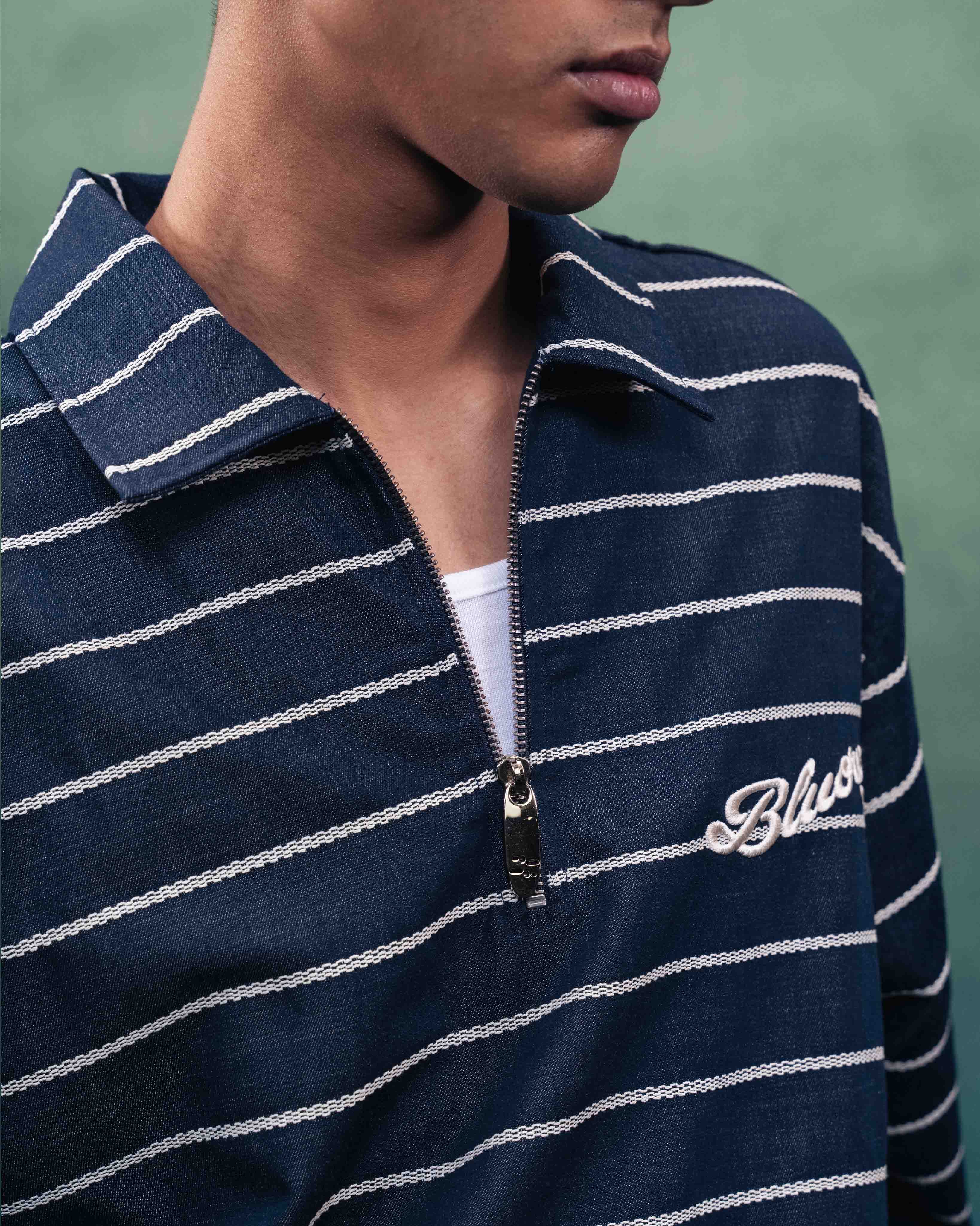 White Stripe Rugby Full Sleeve Quarter Zipper