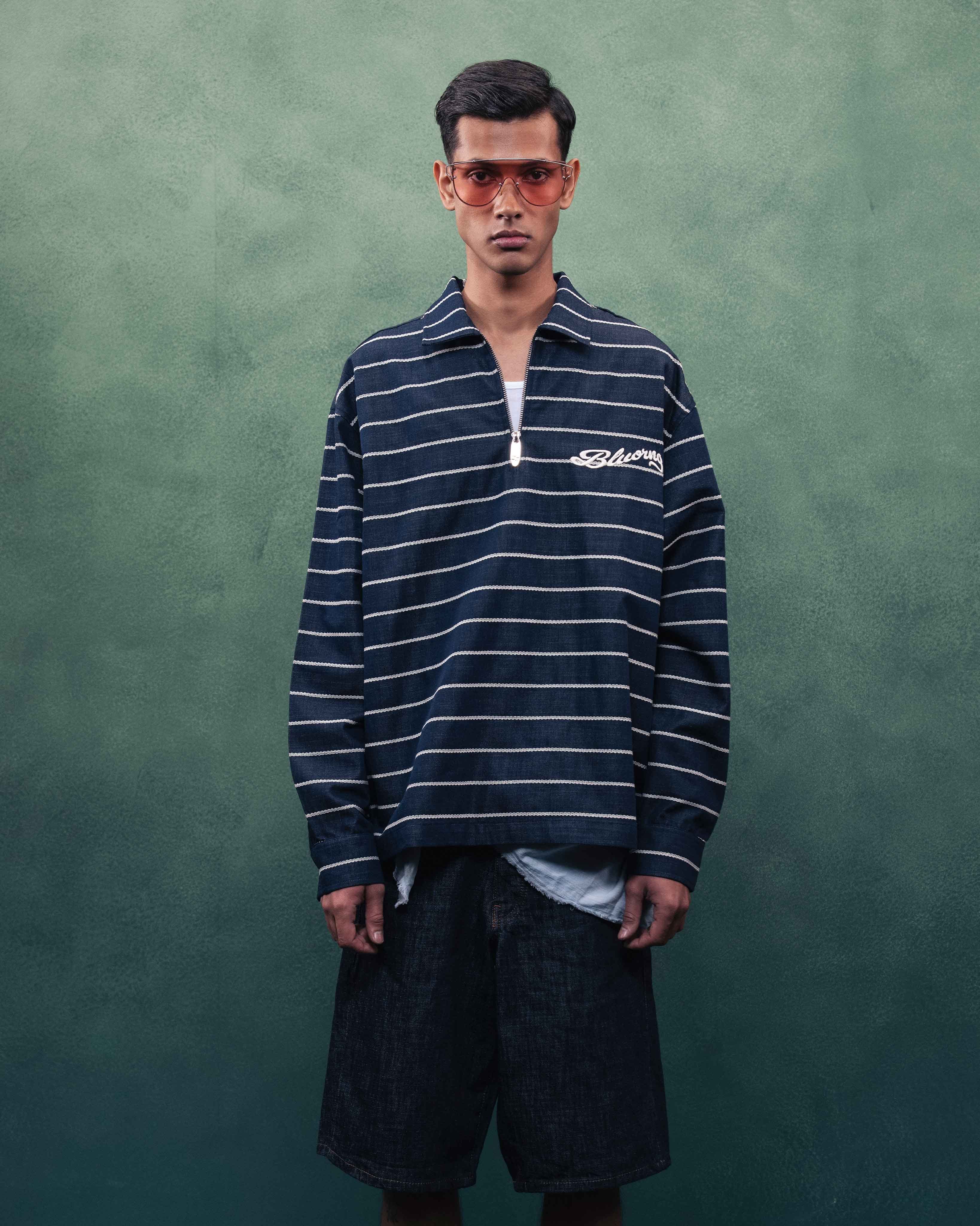 White Stripe Rugby Full Sleeve Quarter Zipper