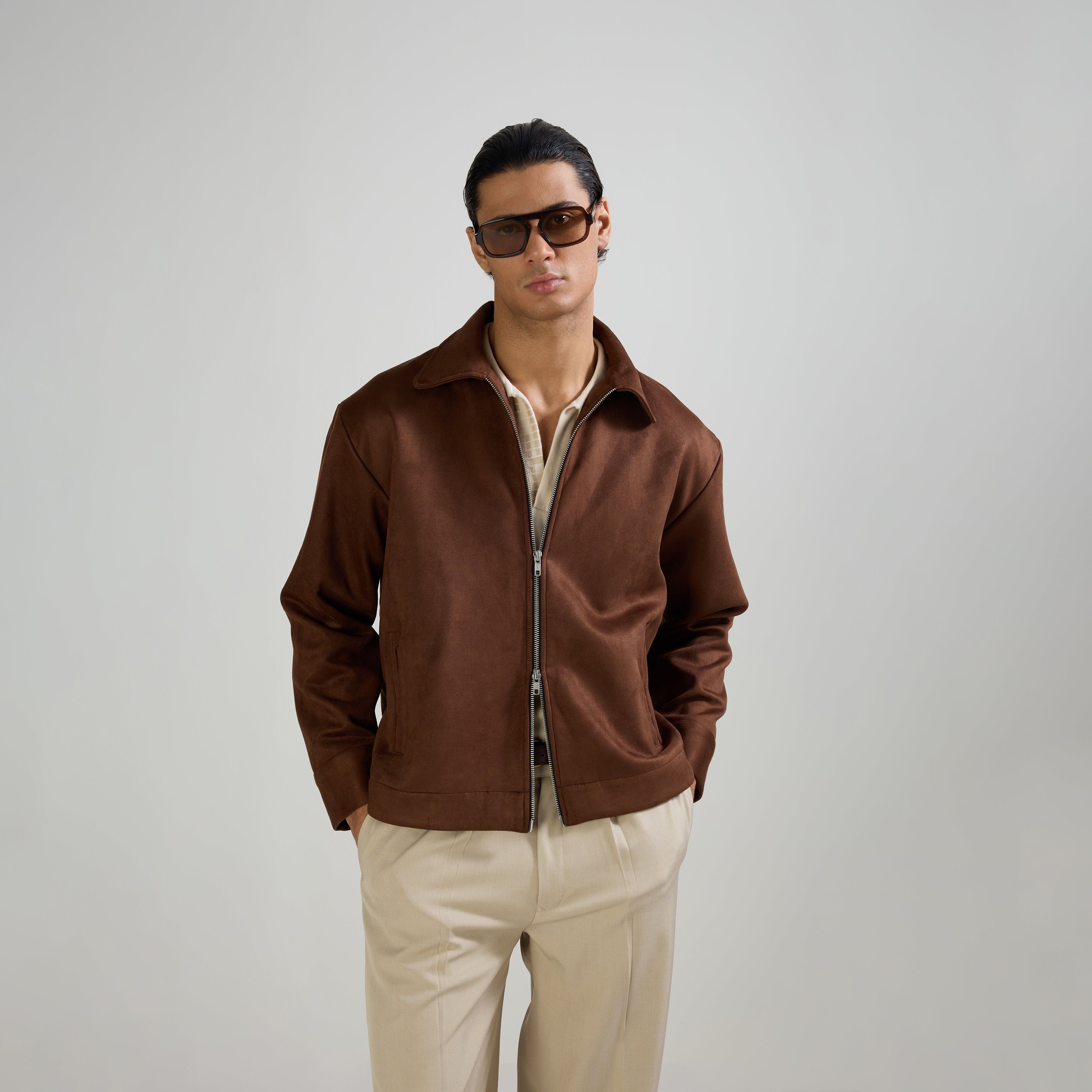Warping Theories SUEDE TWO - WAY ZIP JACKET - BROWN