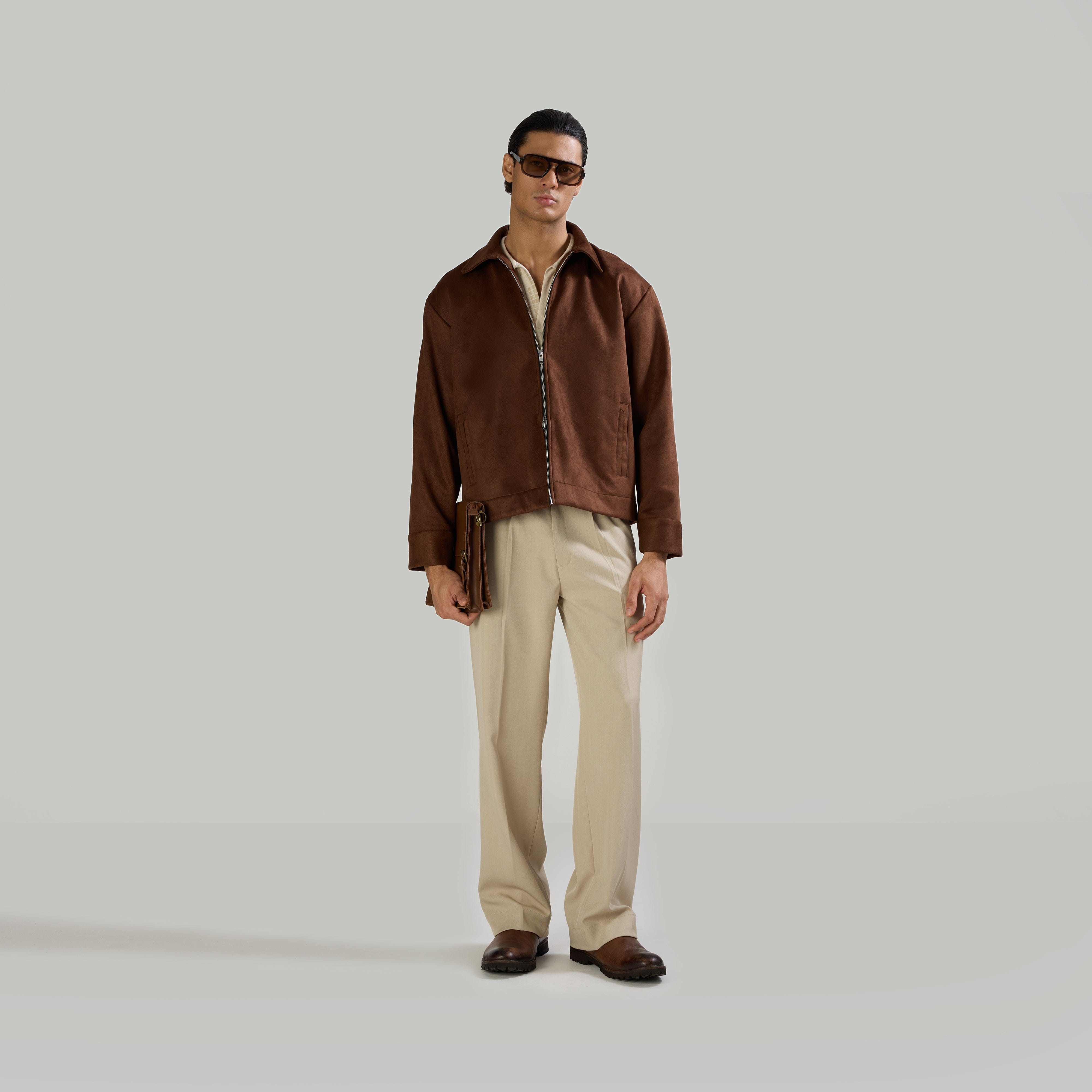 Warping Theories SUEDE TWO - WAY ZIP JACKET - BROWN