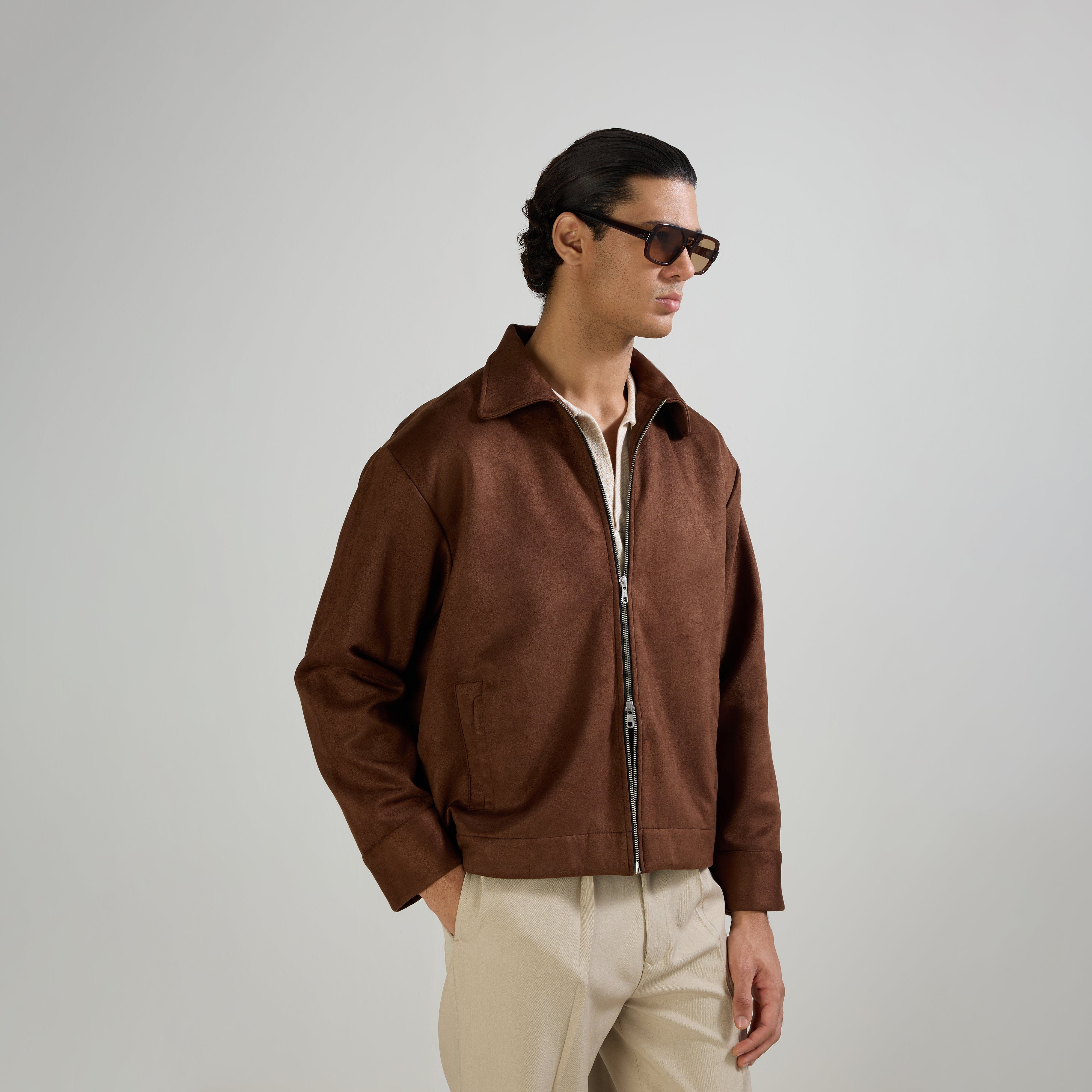 Warping Theories SUEDE TWO - WAY ZIP JACKET - BROWN