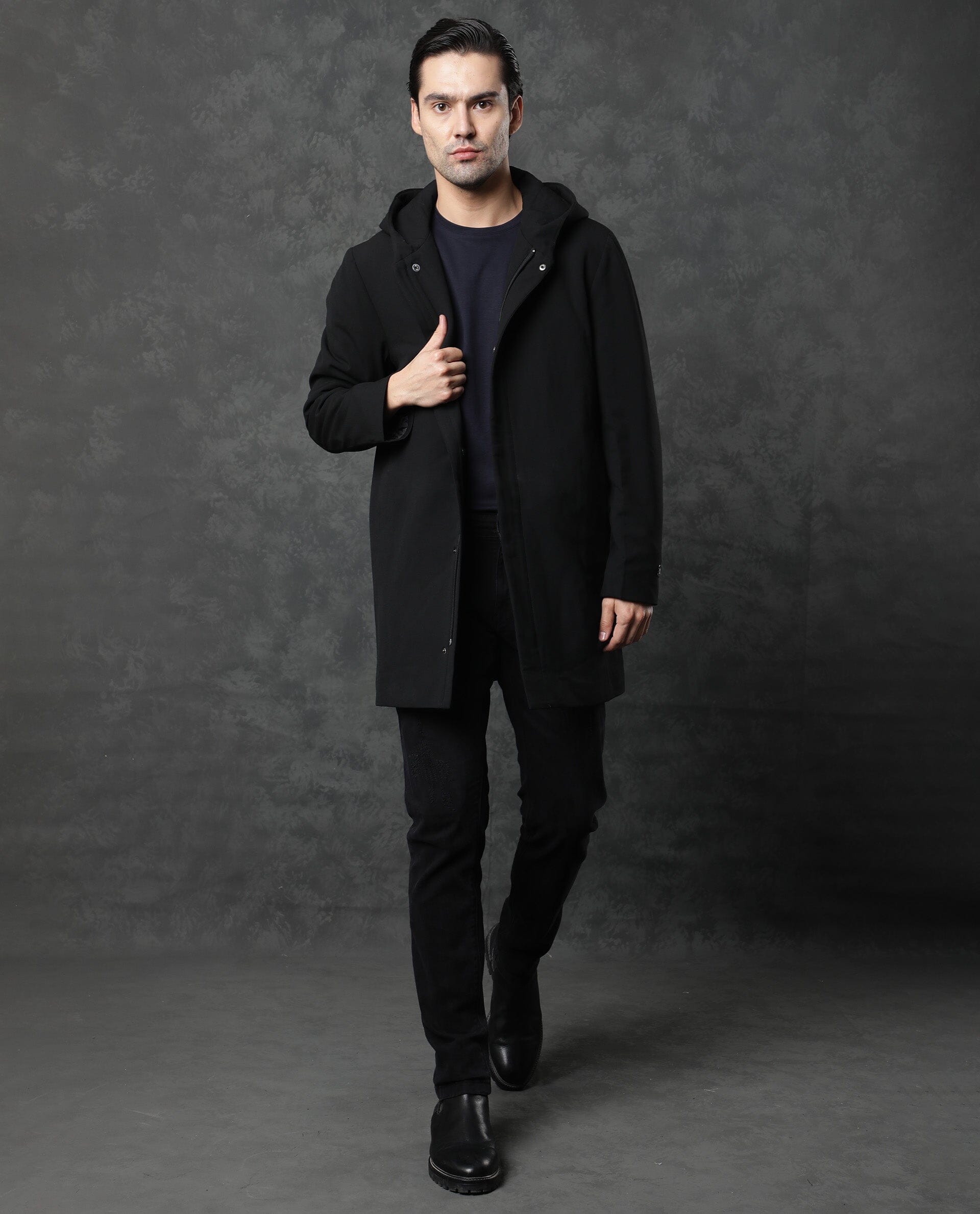 RARE Rabbit Men's Clichy Black Plain Regular Fit Full Sleeve Jacket