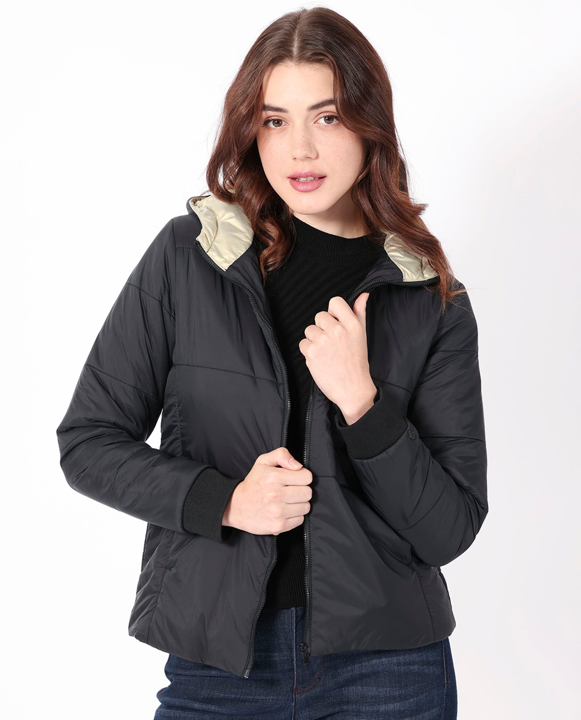 Rareism Women's Glasha Hls Black Polyester Hooded Plain Regular Fit Jacket