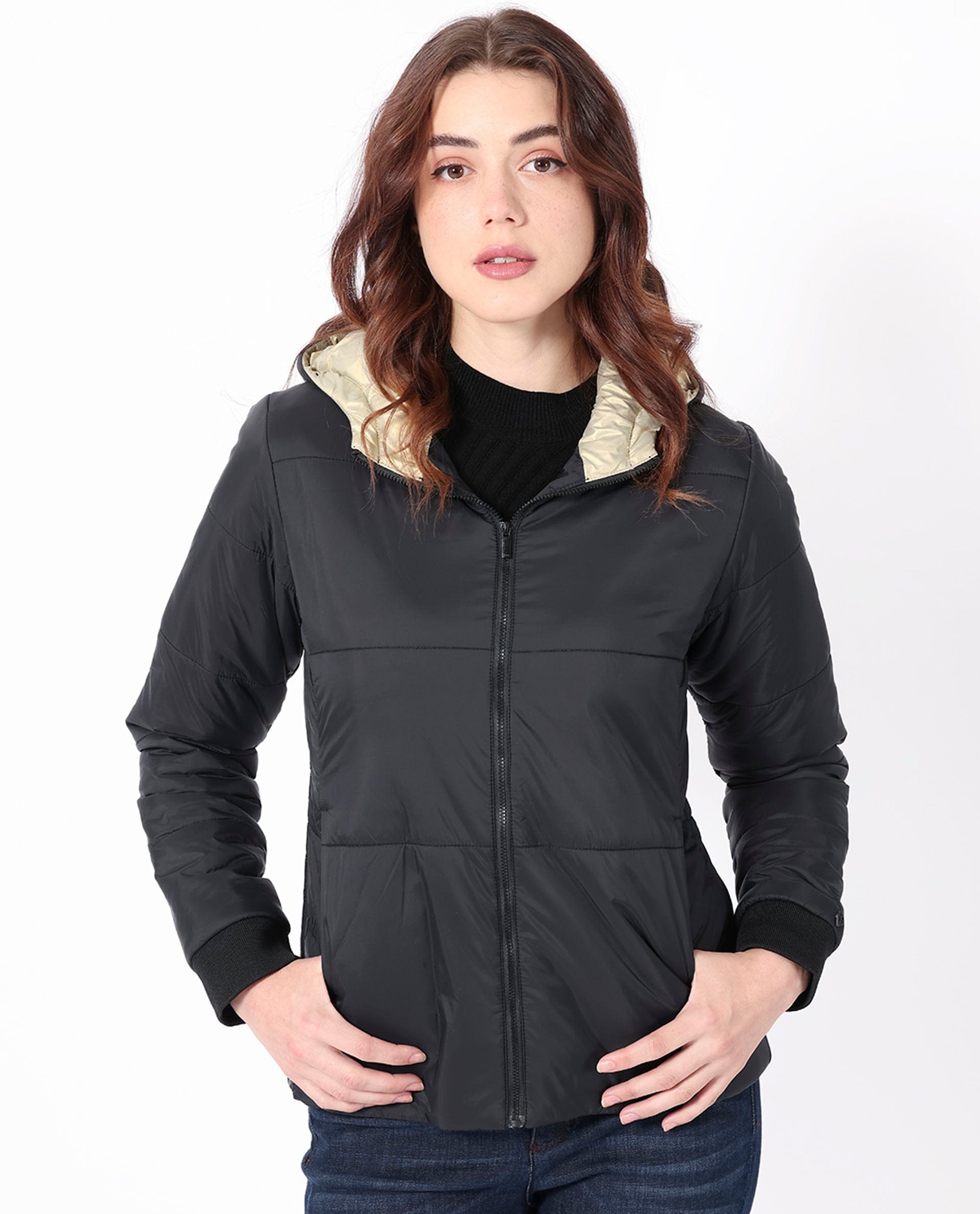 Rareism Women's Glasha Hls Black Polyester Hooded Plain Regular Fit Jacket