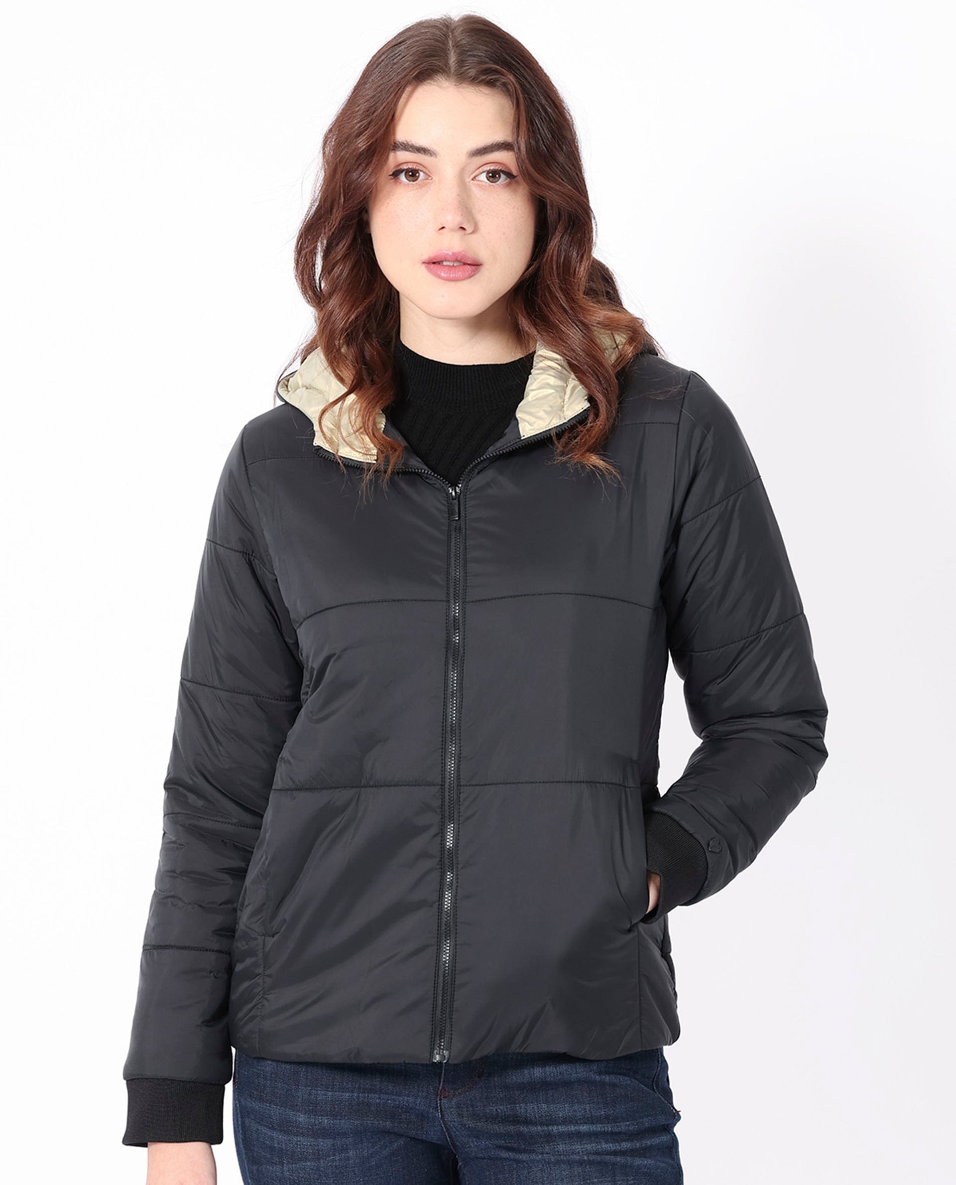 Rareism Women's Glasha Hls Black Polyester Hooded Plain Regular Fit Jacket
