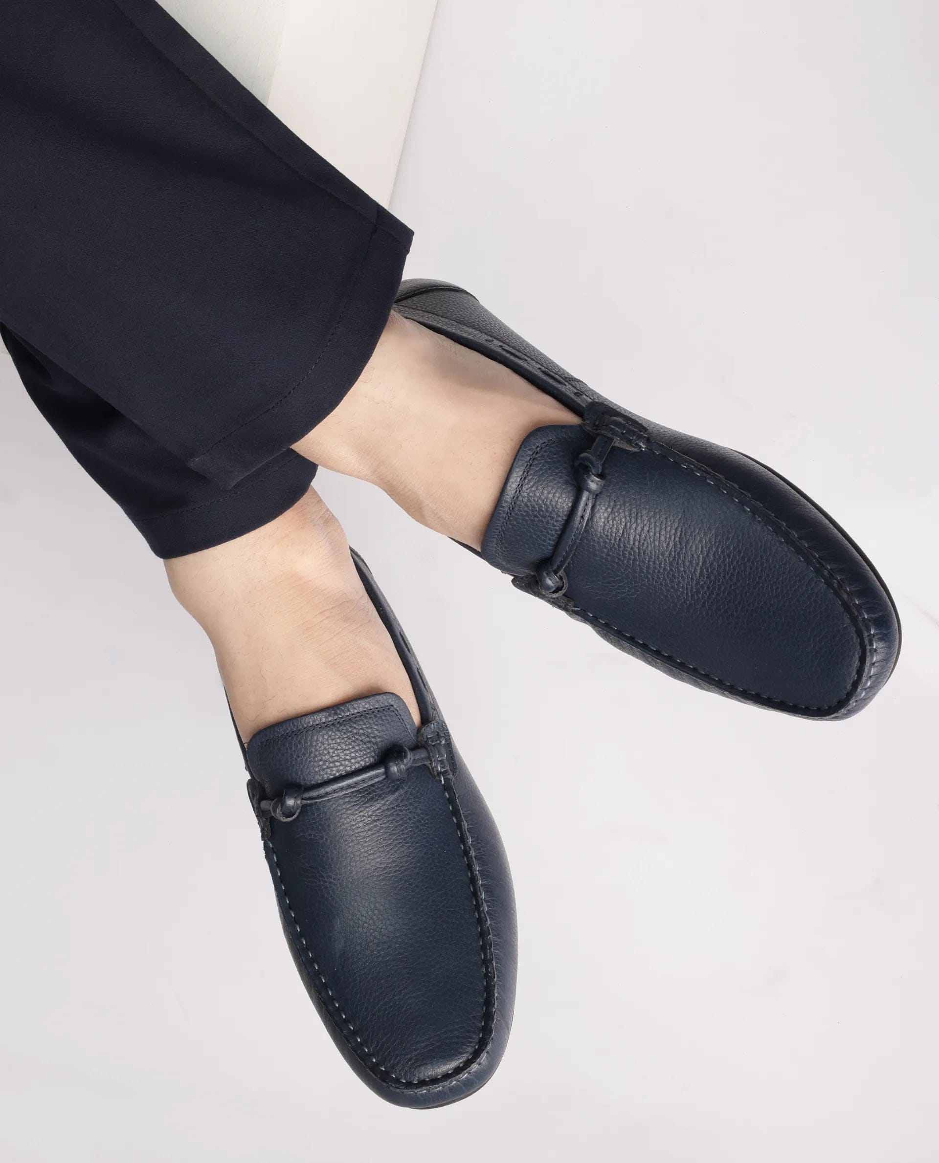 RAREZ Rare Rabbit Men's Knott Navy Slip - On Genuine Milled Leather Driving Mocassin
