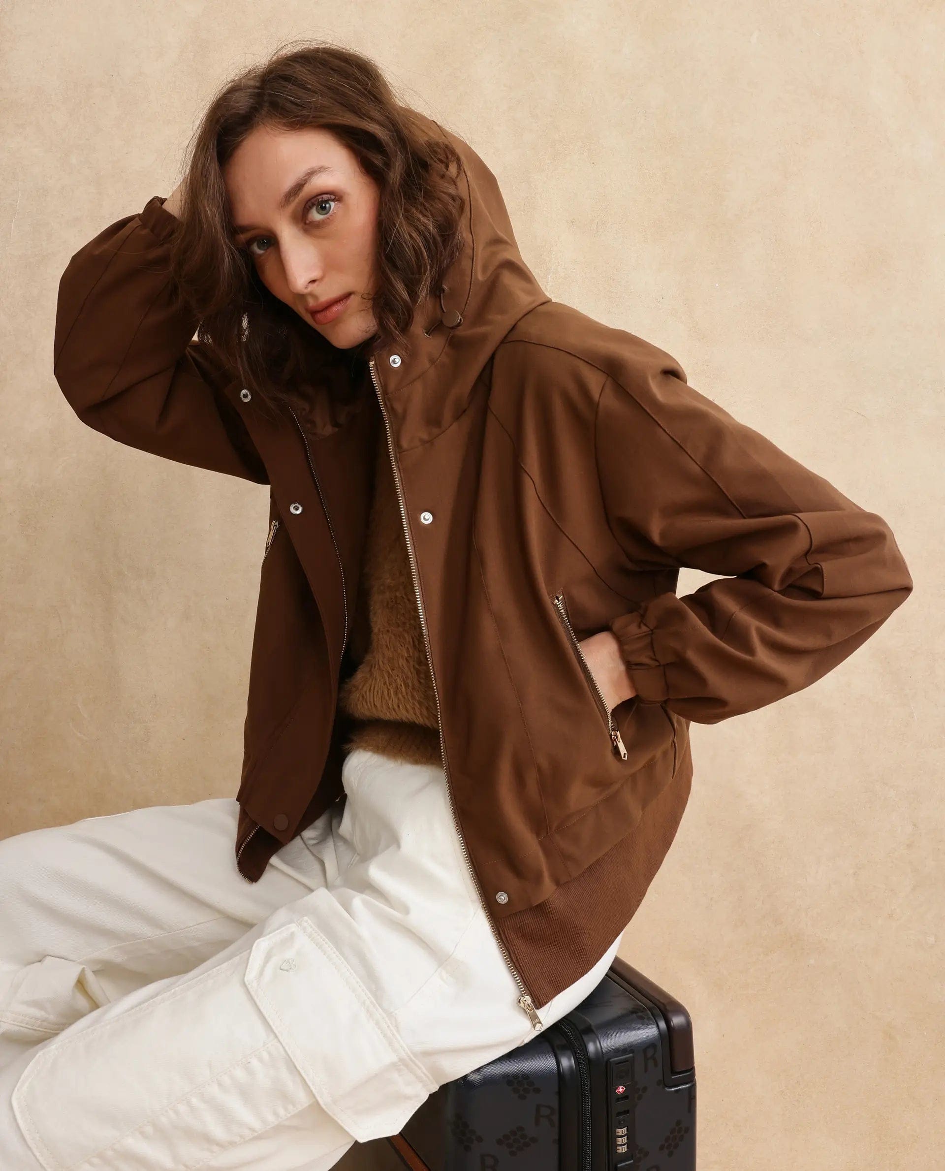 Rareism Women's Hoian Dark Beige Stand Collar Plain Ribbed Sleeve Boxy Fit Jacket