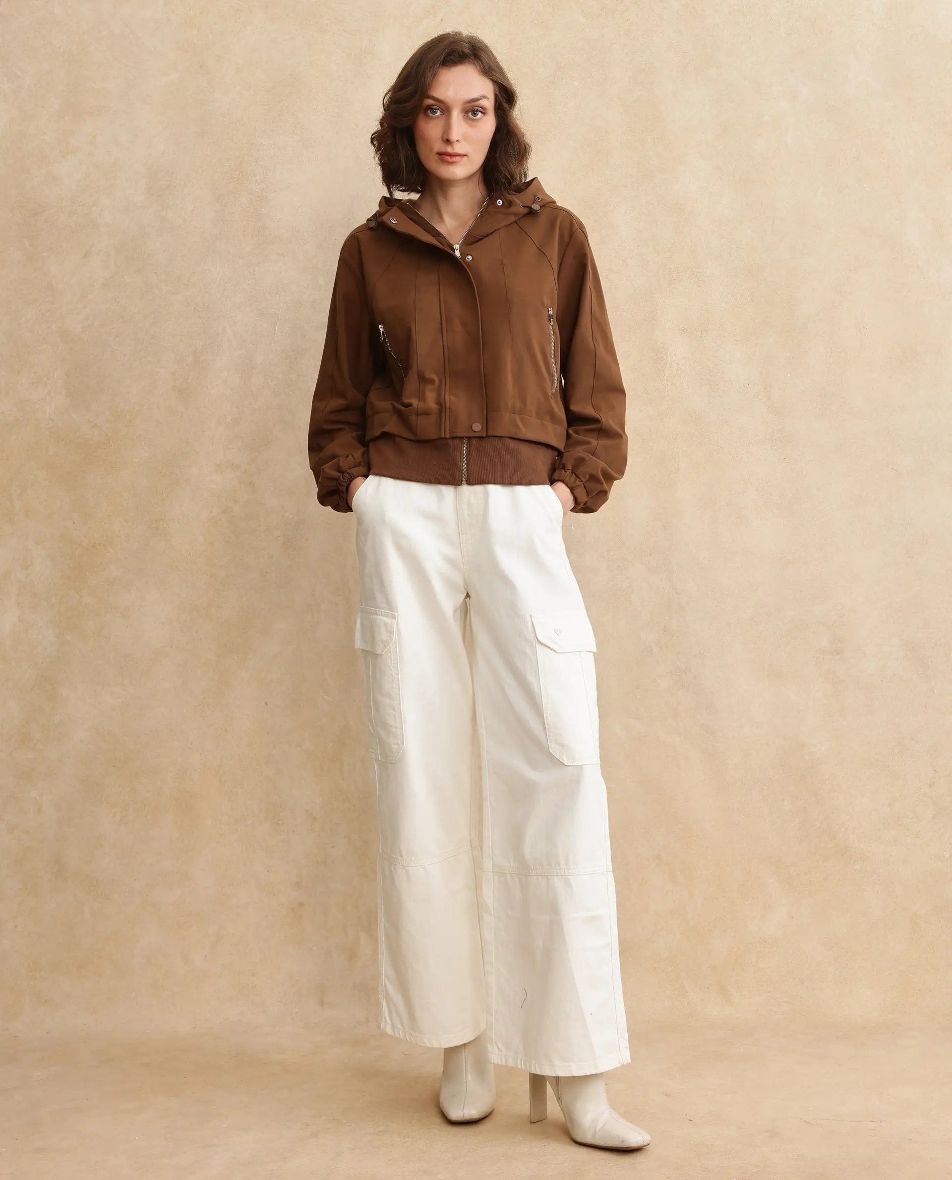 Rareism Women's Hoian Dark Beige Stand Collar Plain Ribbed Sleeve Boxy Fit Jacket