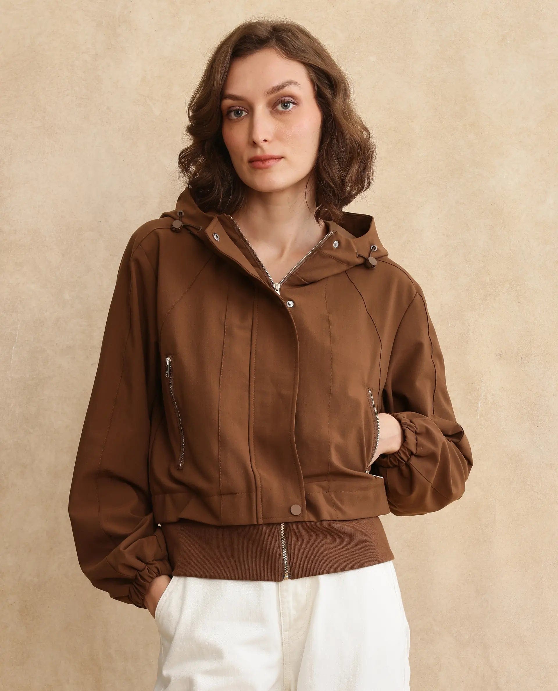 Rareism Women's Hoian Dark Beige Stand Collar Plain Ribbed Sleeve Boxy Fit Jacket