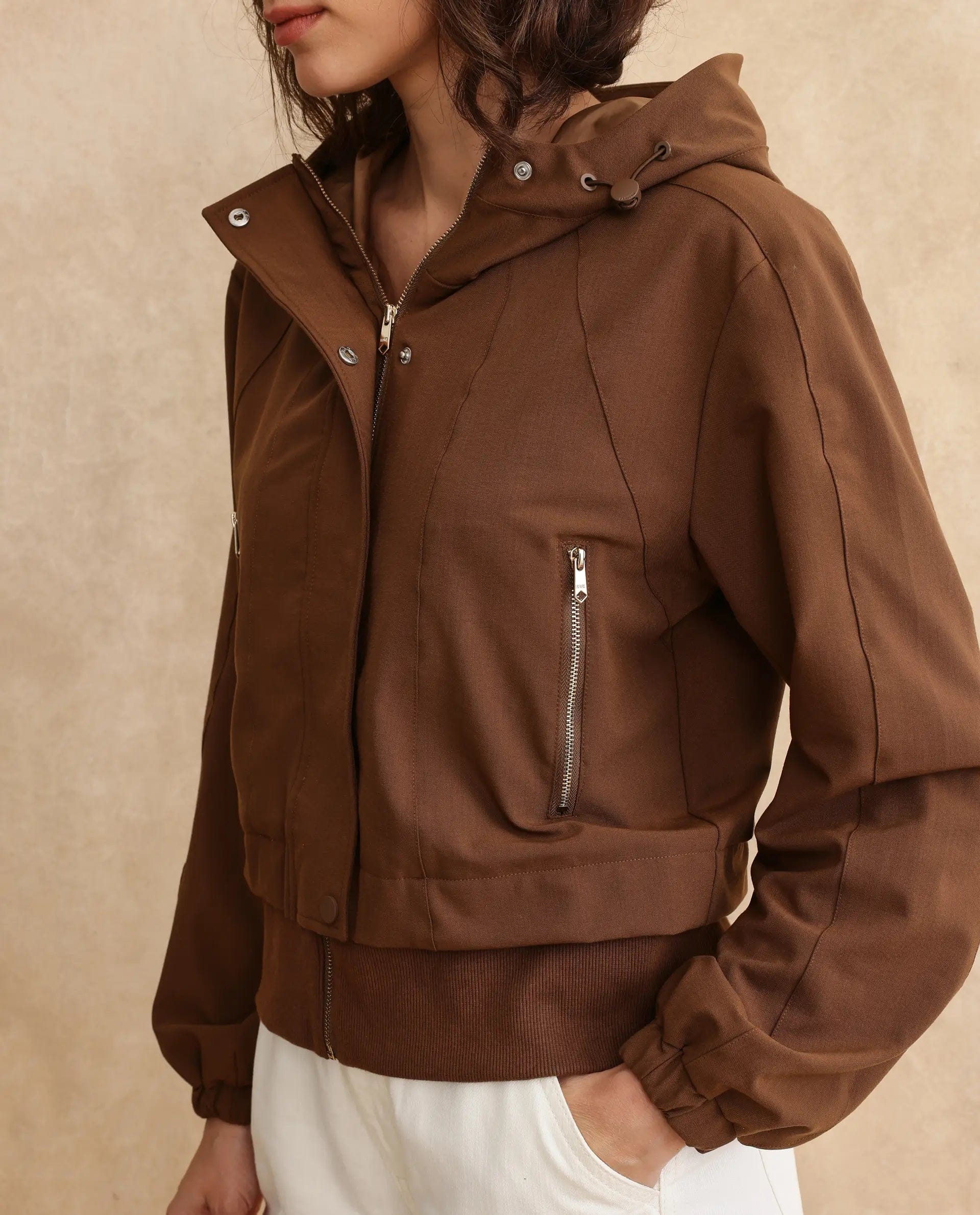 Rareism Women's Hoian Dark Beige Stand Collar Plain Ribbed Sleeve Boxy Fit Jacket