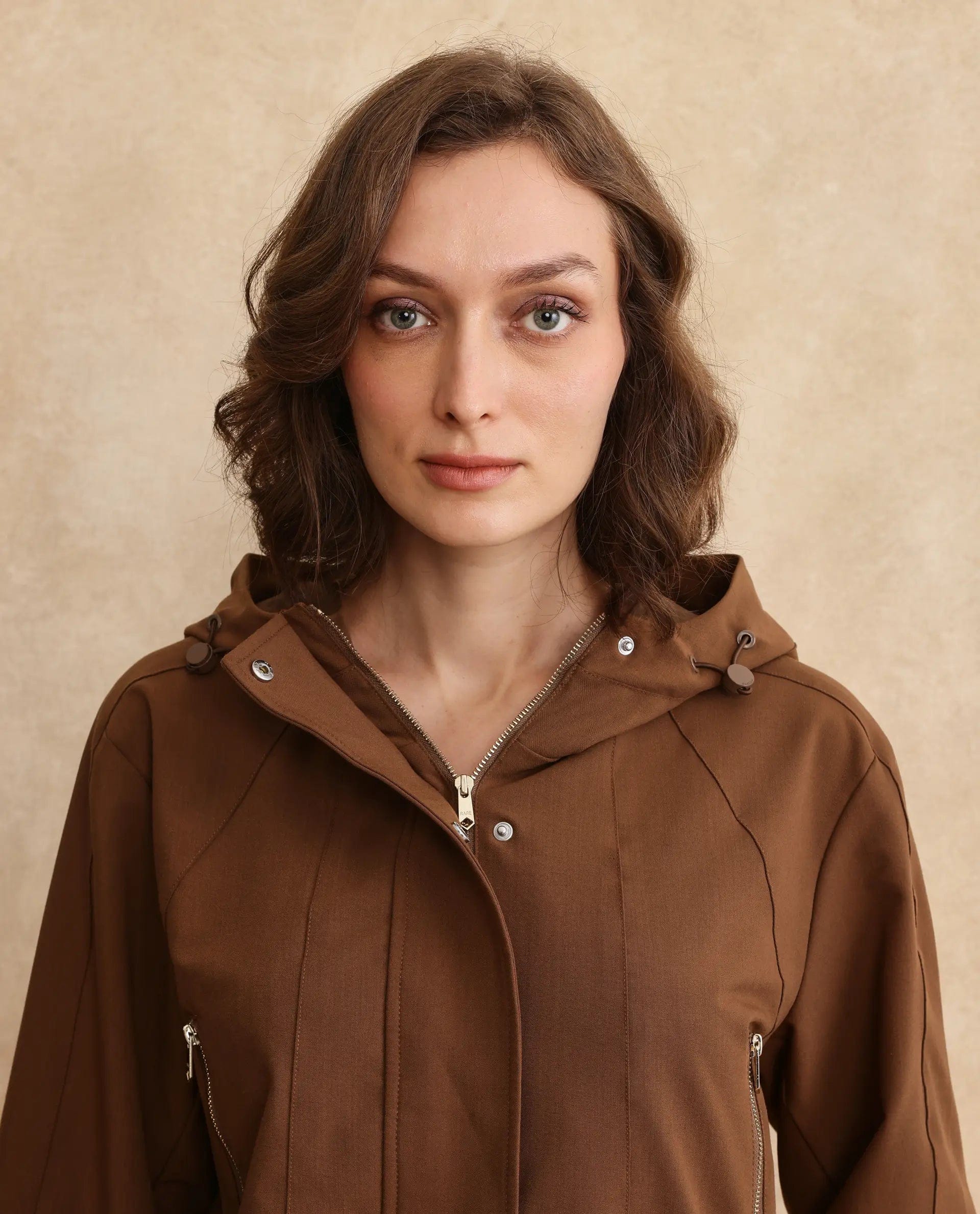 Rareism Women's Hoian Dark Beige Stand Collar Plain Ribbed Sleeve Boxy Fit Jacket