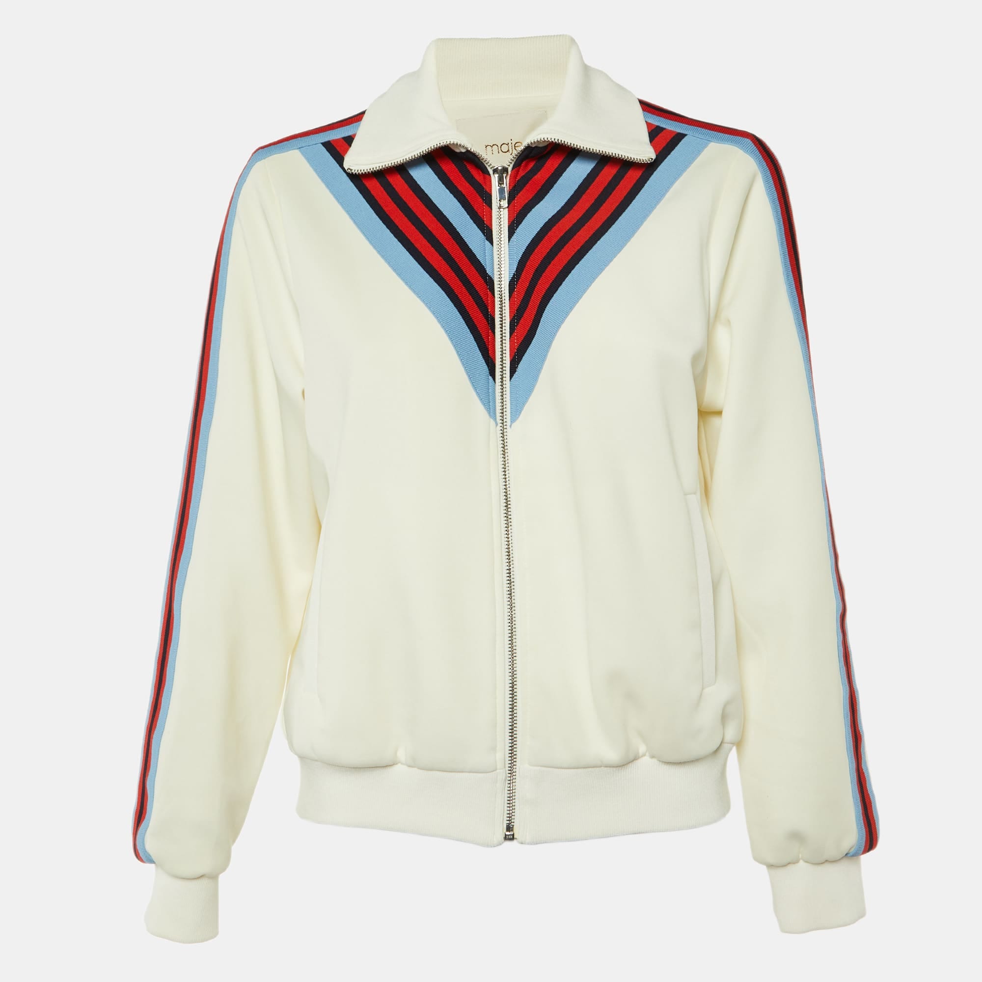 White Jersey Striped Trim Manela Zip Up Jacket