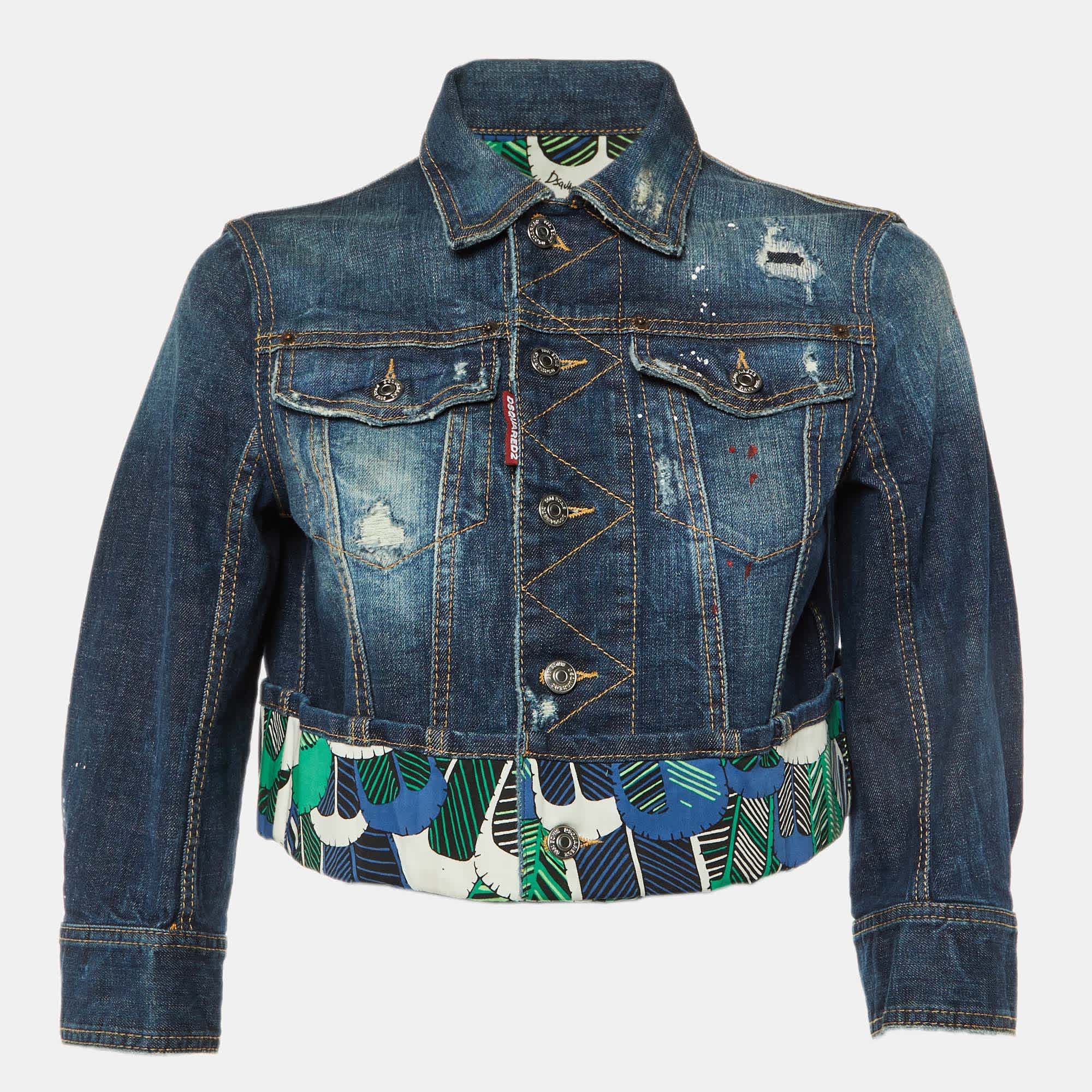 Blue Distressed Denim Cropped Jacket