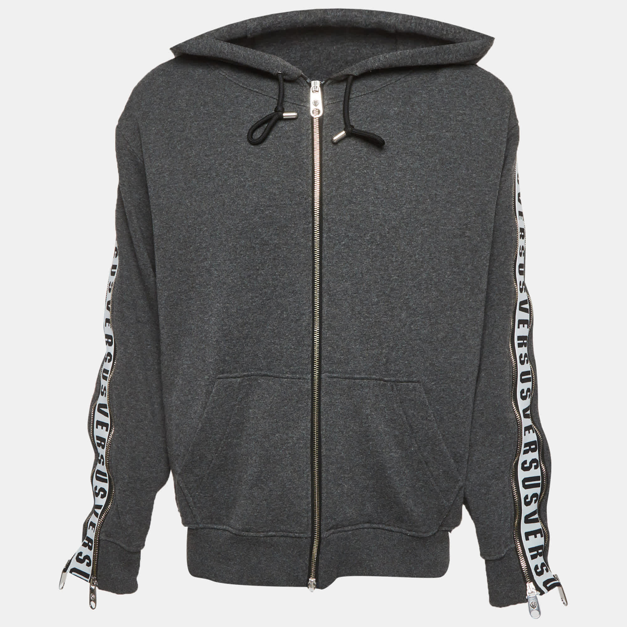 Versus Versace Grey Cotton Knit Logo Tape Zip Detail Hooded Jacket