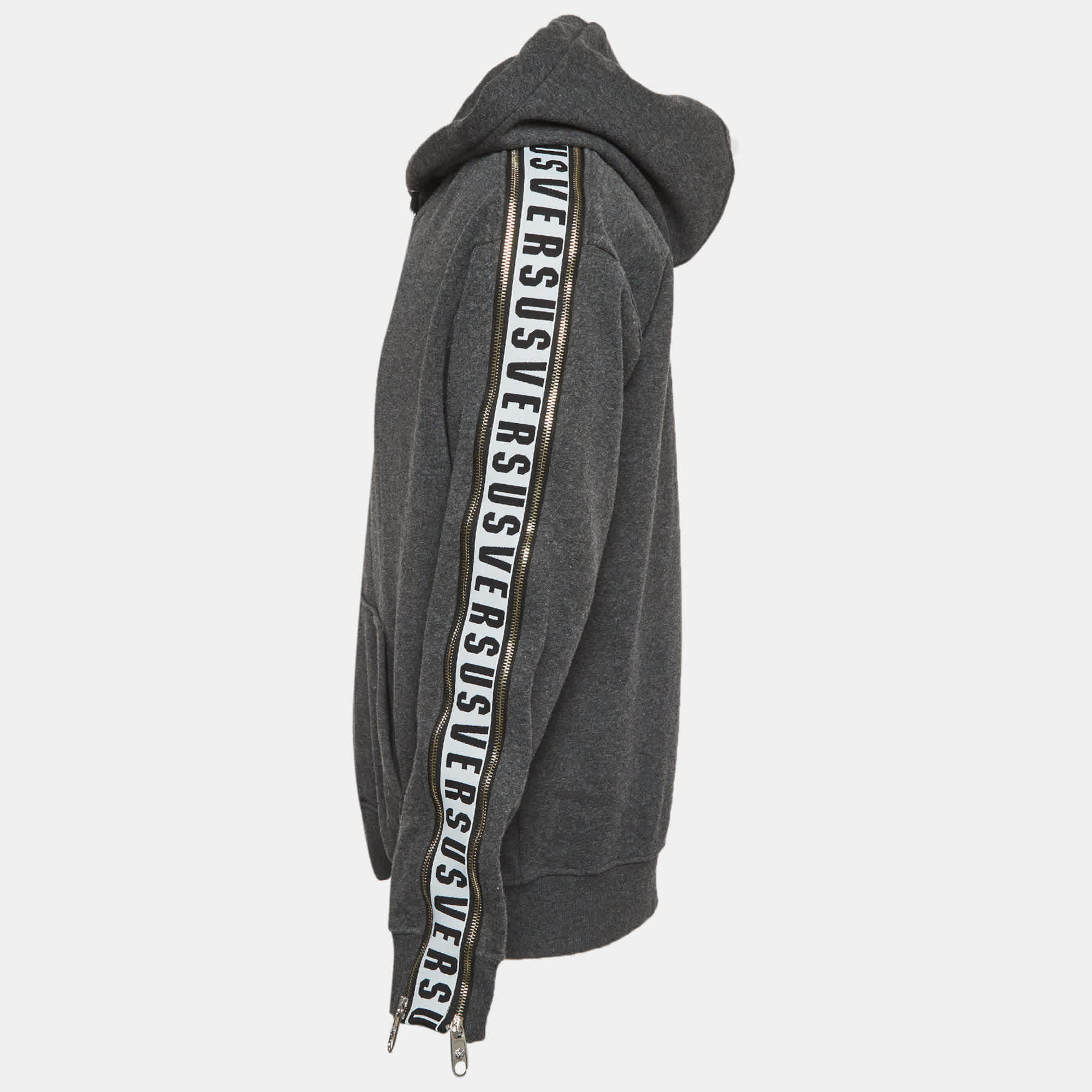 Versus Versace Grey Cotton Knit Logo Tape Zip Detail Hooded Jacket