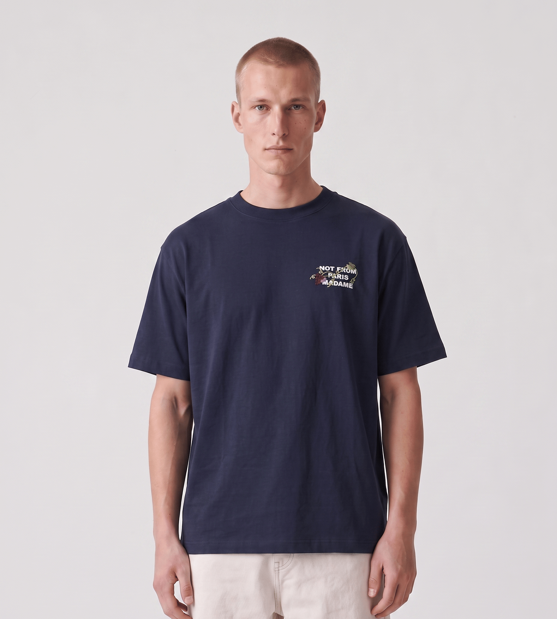 Drôle de Monsieur Vine Embroidered Slogan T - Shirt Navy