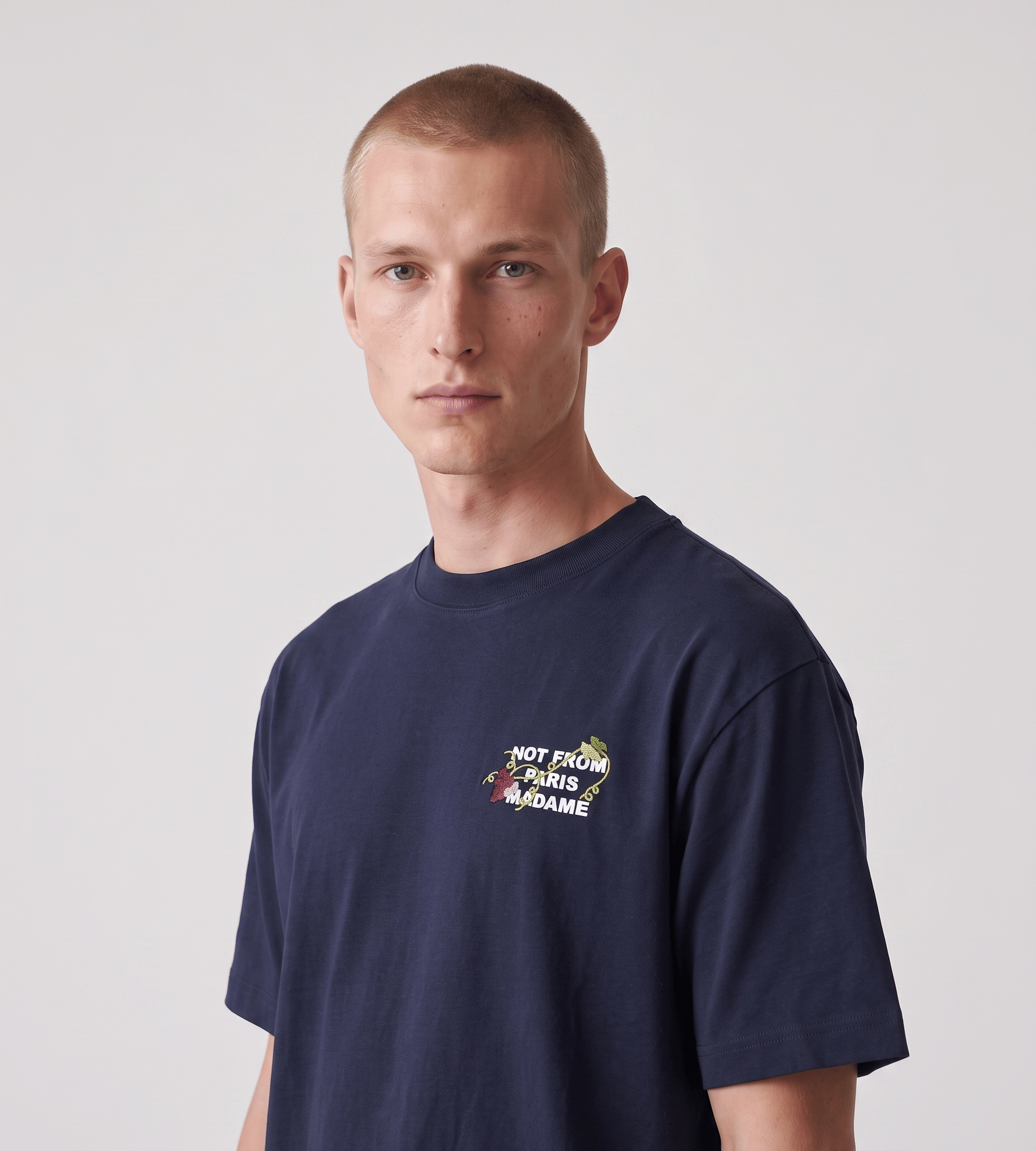 Drôle de Monsieur Vine Embroidered Slogan T - Shirt Navy