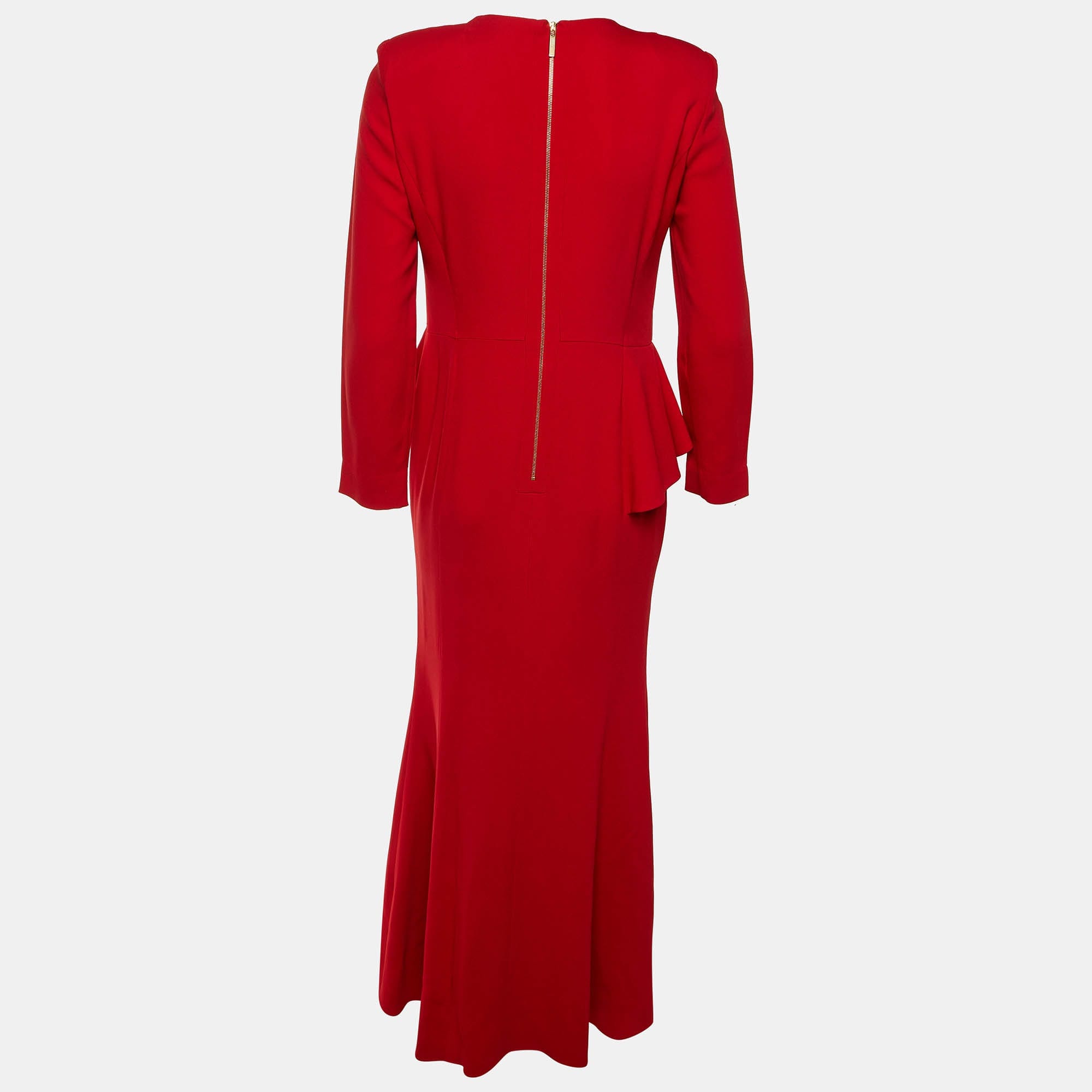 Elie Saab Red Crepe Ruffle Detail Maxi Dress