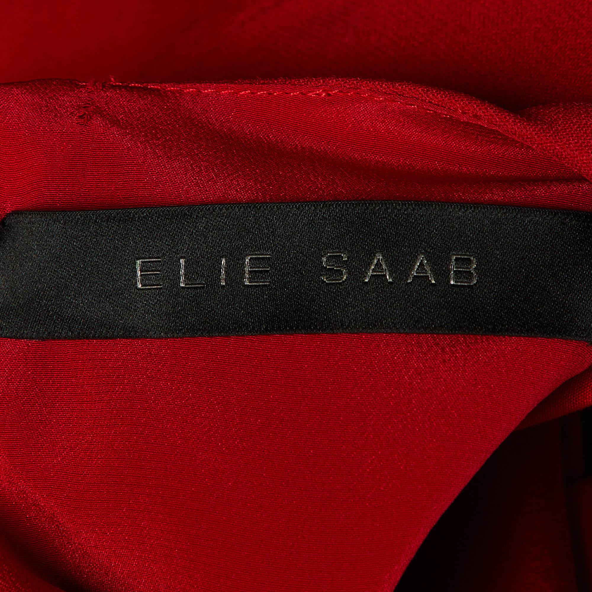 Elie Saab Red Crepe Ruffle Detail Maxi Dress