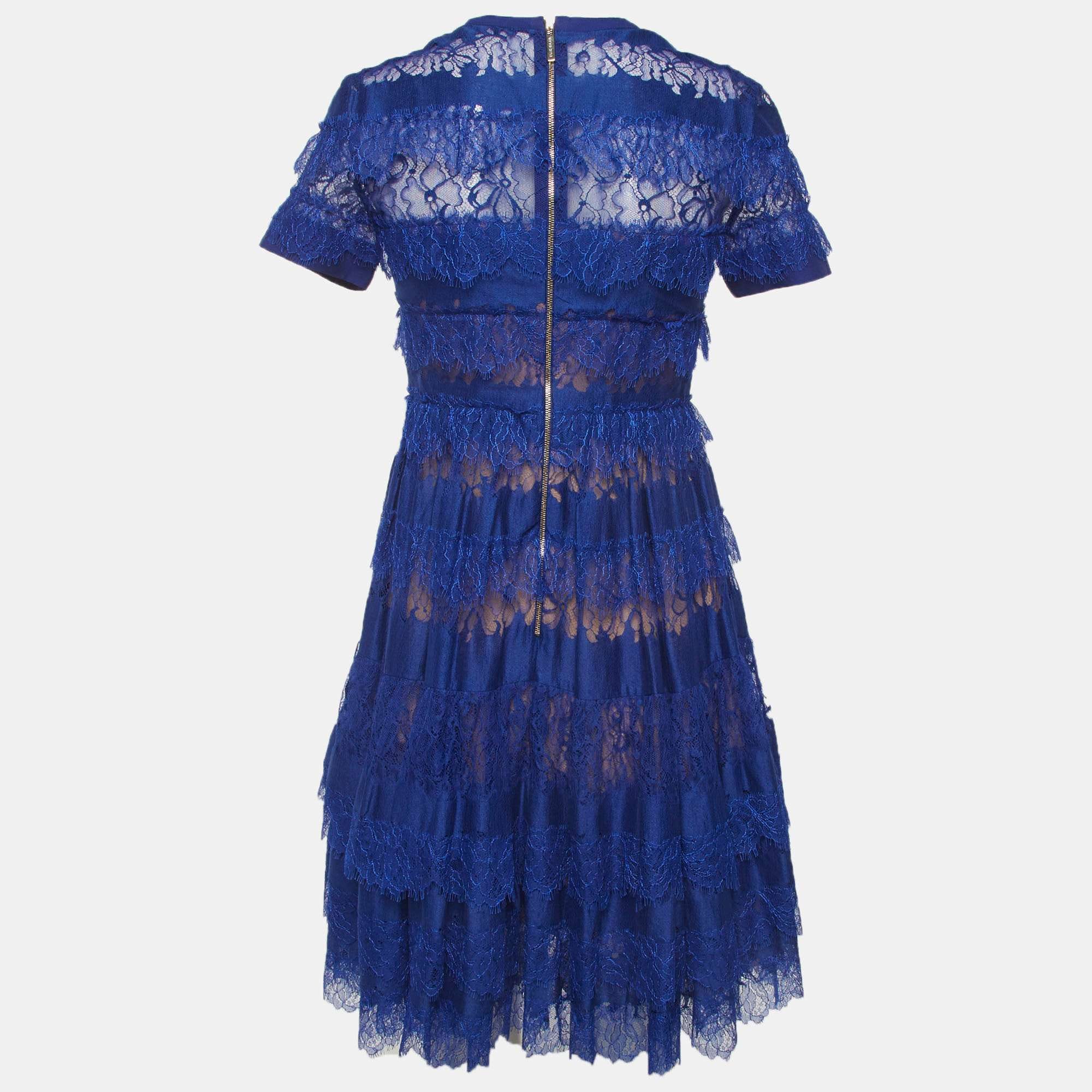 Elie Saab Blue Lace Tiered Mini Dress