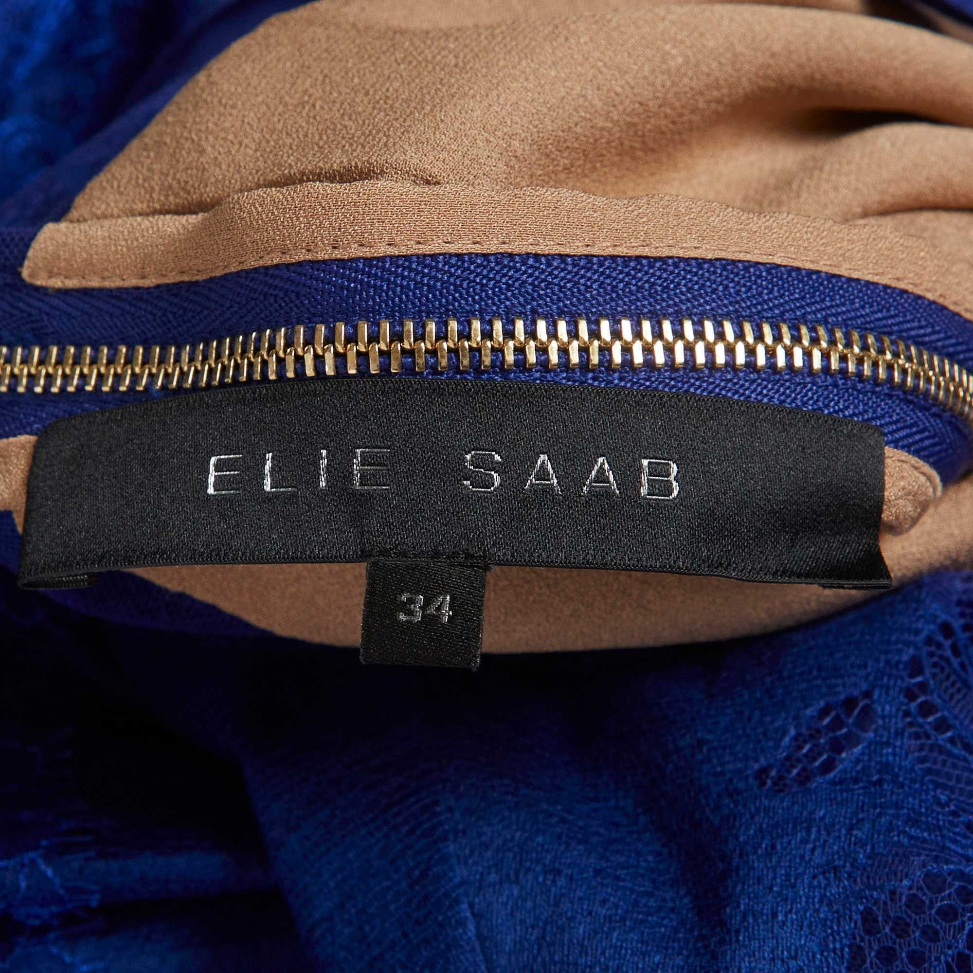 Elie Saab Blue Lace Tiered Mini Dress