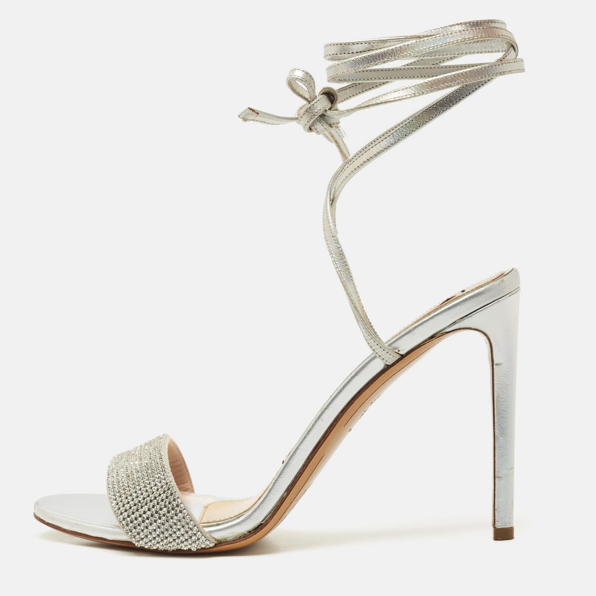 Alexandre Vauthier Silver Leather Crystal Embellished Ankle Wrap Sandals