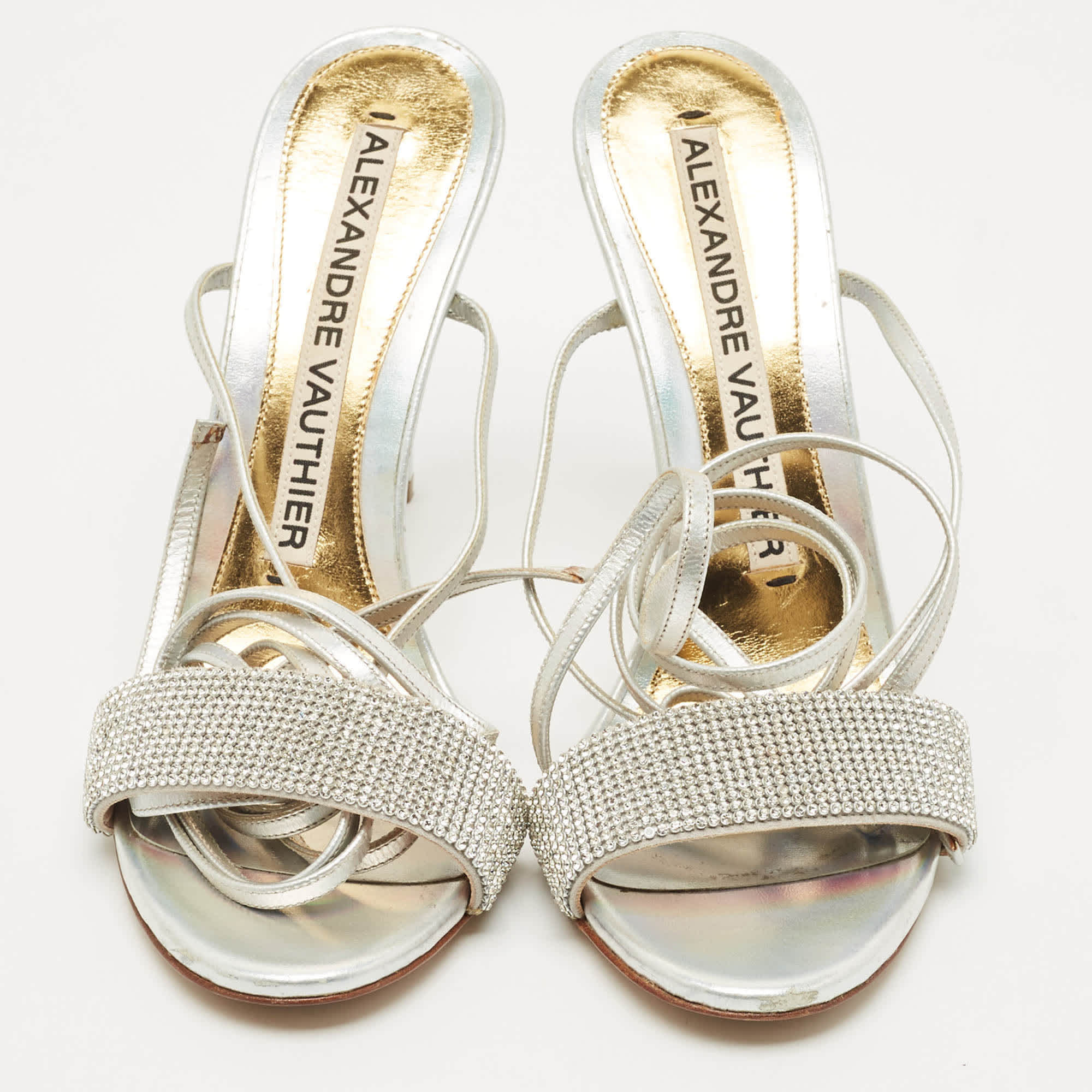 Alexandre Vauthier Silver Leather Crystal Embellished Ankle Wrap Sandals