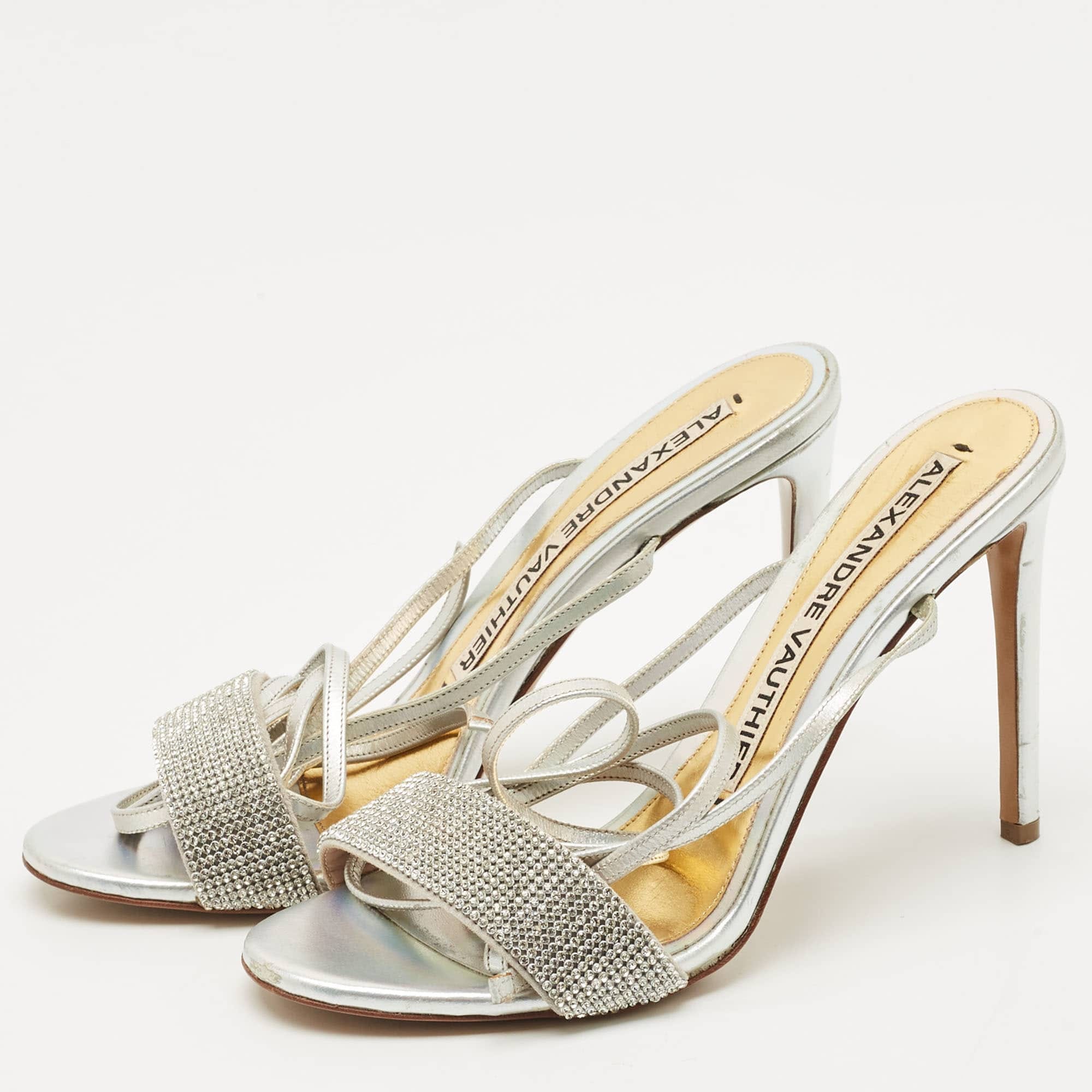 Alexandre Vauthier Silver Leather Crystal Embellished Ankle Wrap Sandals