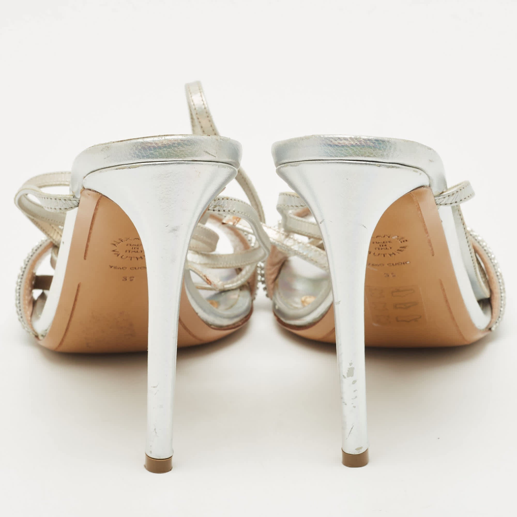 Alexandre Vauthier Silver Leather Crystal Embellished Ankle Wrap Sandals