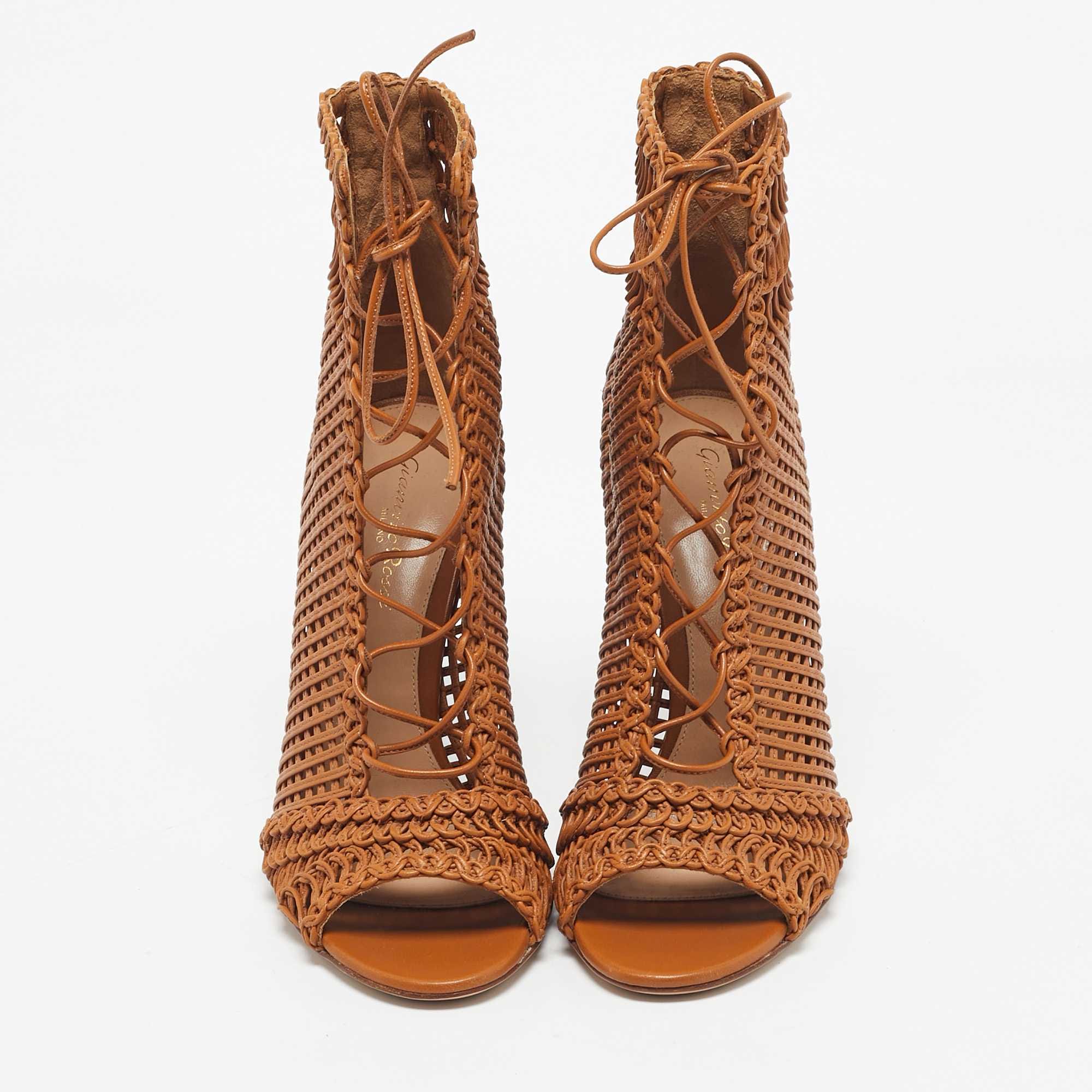 Gianvito Rossi Brown Woven Leather Marnie Lace Up Peep Toe Ankle Boots