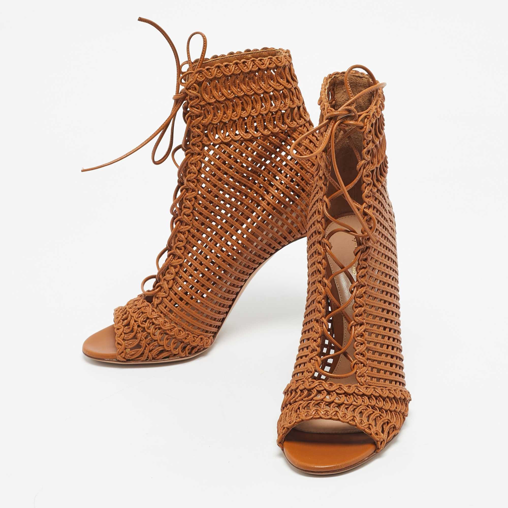 Gianvito Rossi Brown Woven Leather Marnie Lace Up Peep Toe Ankle Boots