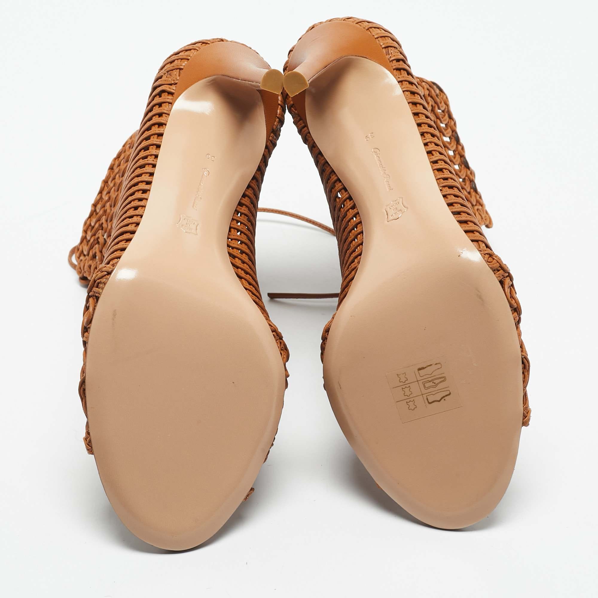 Gianvito Rossi Brown Woven Leather Marnie Lace Up Peep Toe Ankle Boots