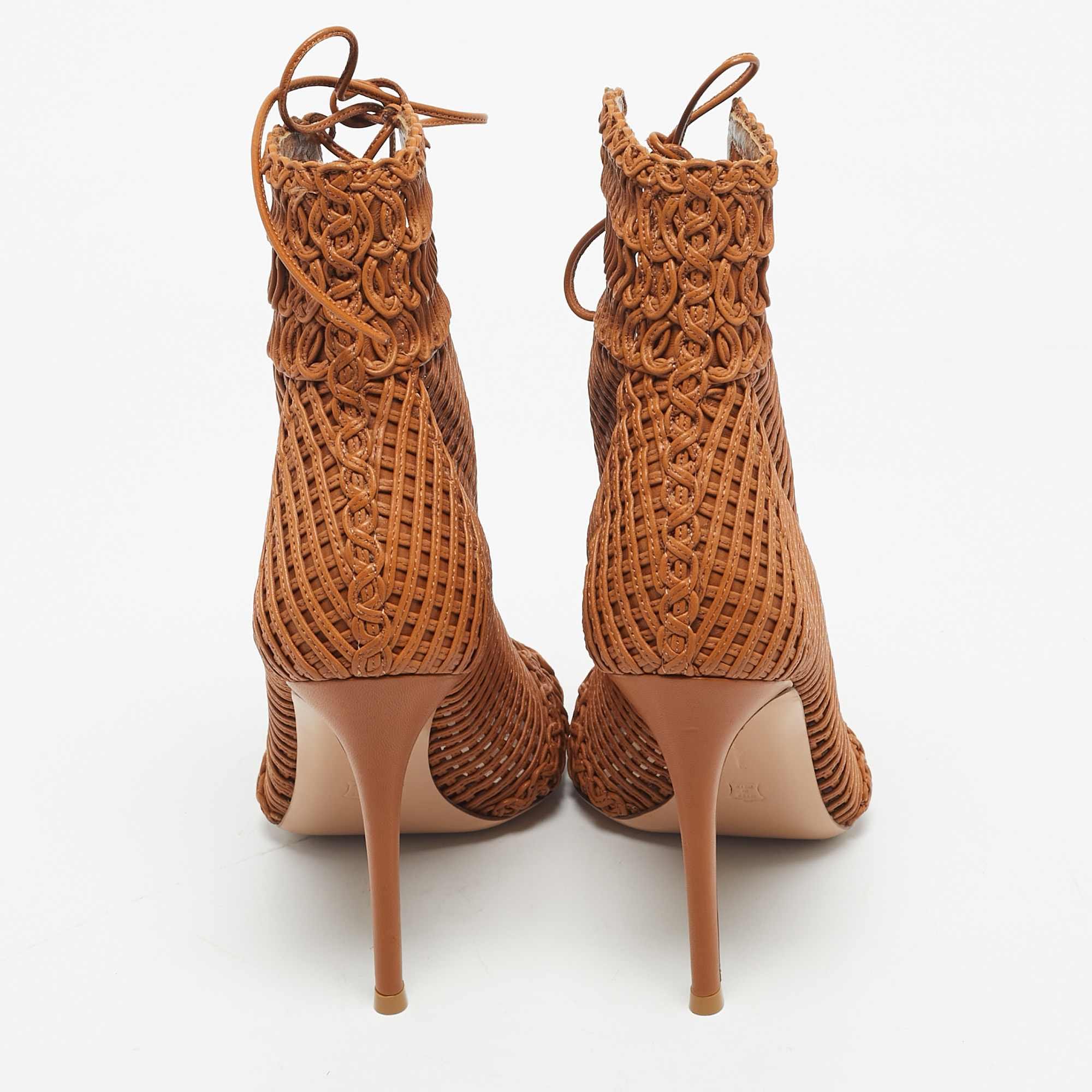 Gianvito Rossi Brown Woven Leather Marnie Lace Up Peep Toe Ankle Boots