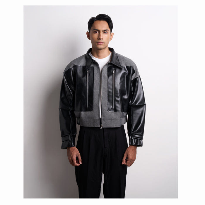 TEMMA Prasetio GREY BLACK ZIPPER LEATHER OVERSIZED JACKET