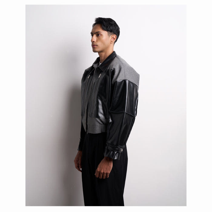 TEMMA Prasetio GREY BLACK ZIPPER LEATHER OVERSIZED JACKET