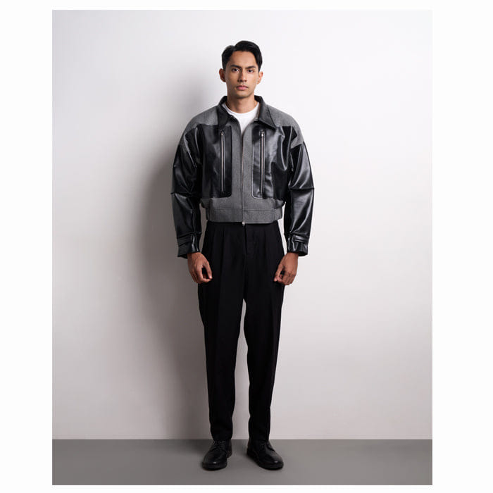 TEMMA Prasetio GREY BLACK ZIPPER LEATHER OVERSIZED JACKET