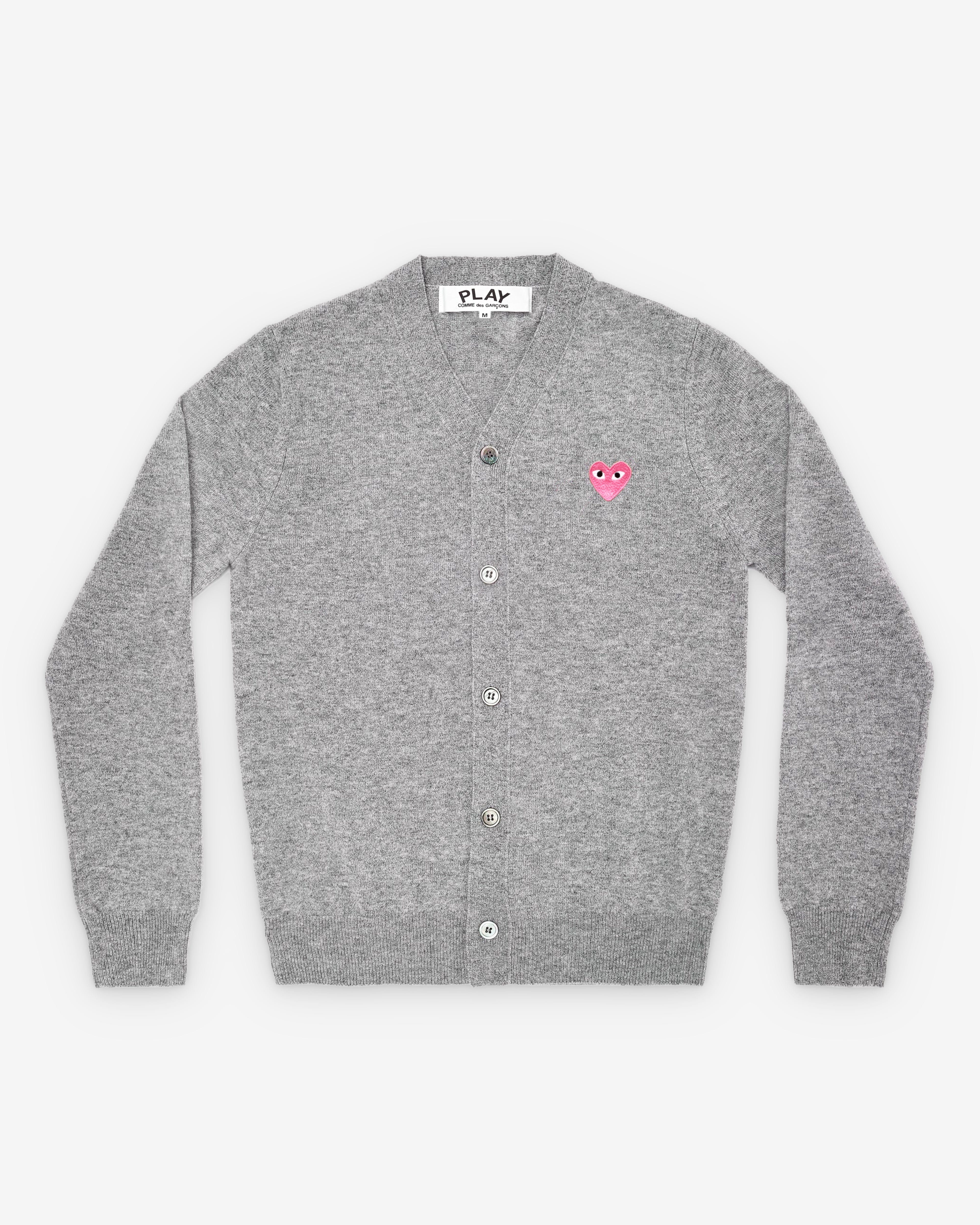 Comme des Garçons PLAY Play - Small Pink Heart V - Neck Cardigan - (Light Grey)