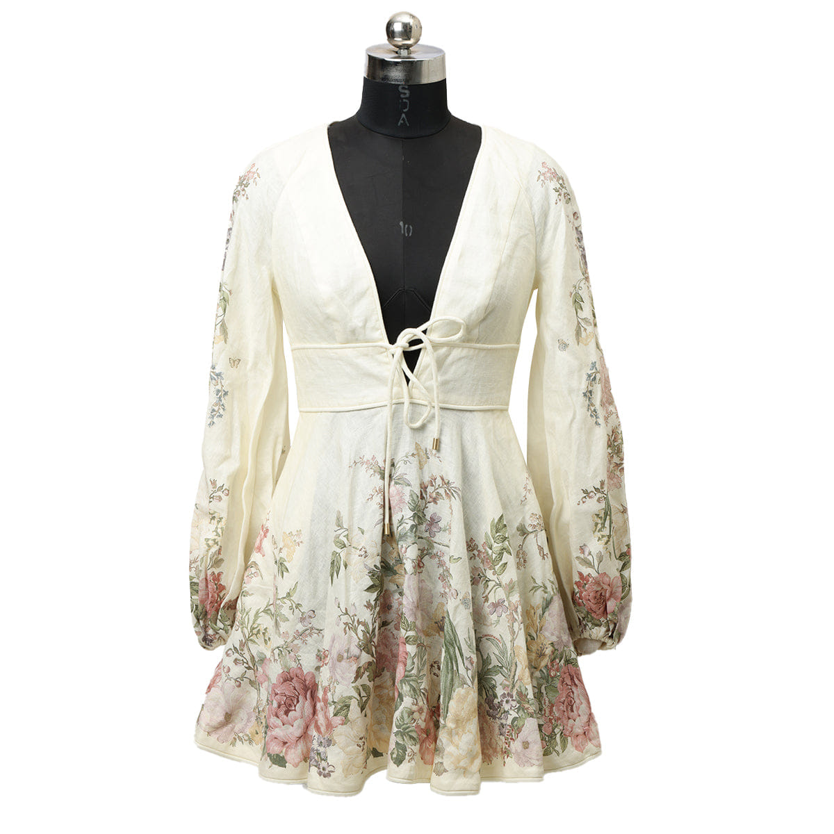Zimmermann Cream floral Waverly Plunge Linen Skater Mini Dress - AU 0/UK 8
