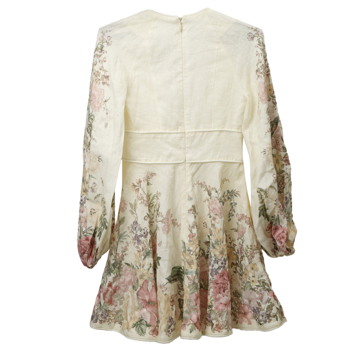 Zimmermann Cream floral Waverly Plunge Linen Skater Mini Dress - AU 0/UK 8