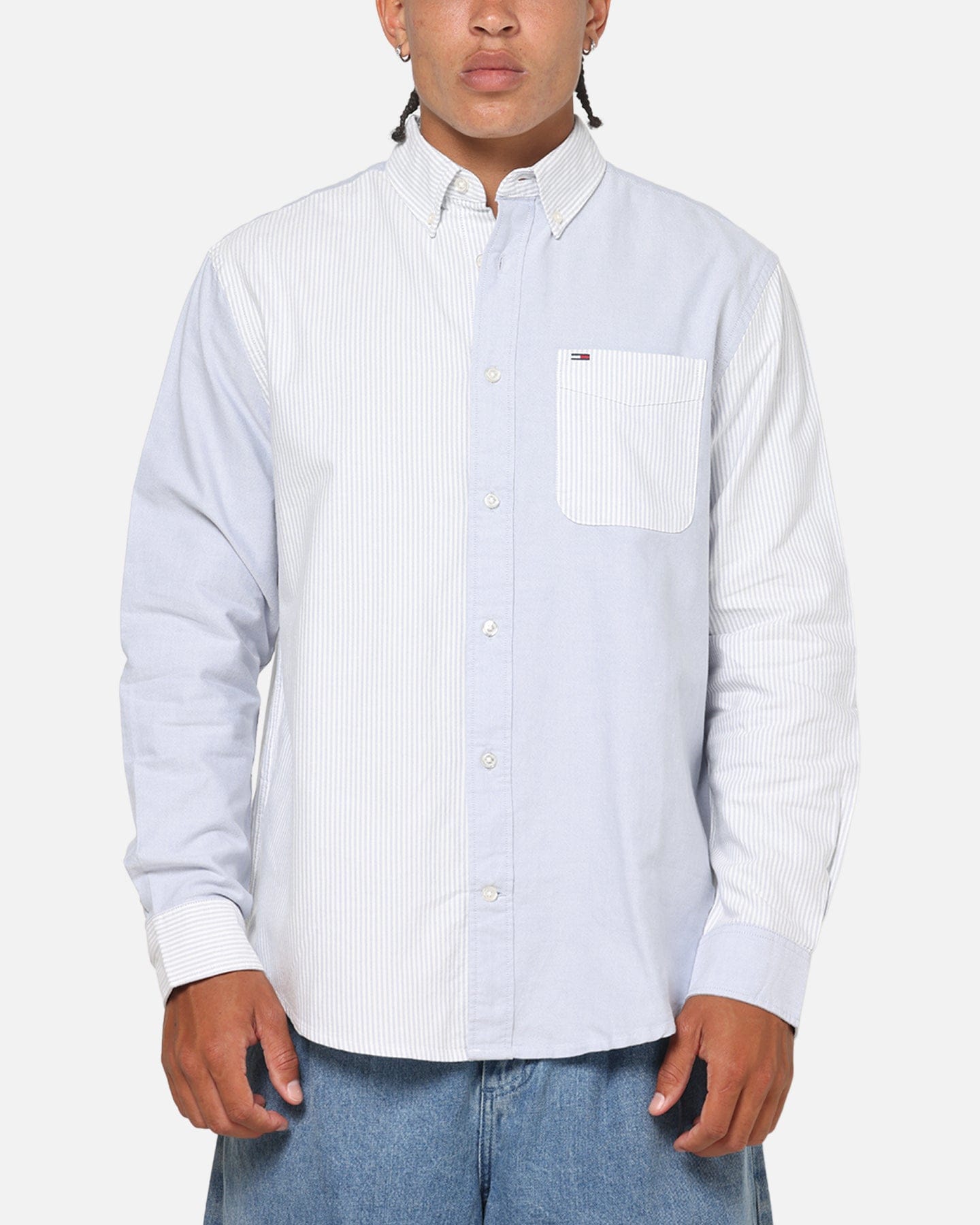 Tommy Jeans Relaxed Oxford Stripes Button Up Shirt Blue Pinstripe