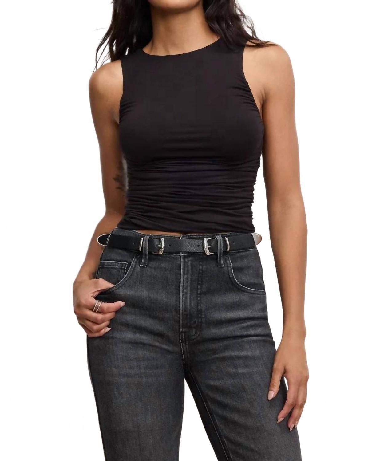 Grace Stretch Jersey Ruched Tank Top In Black