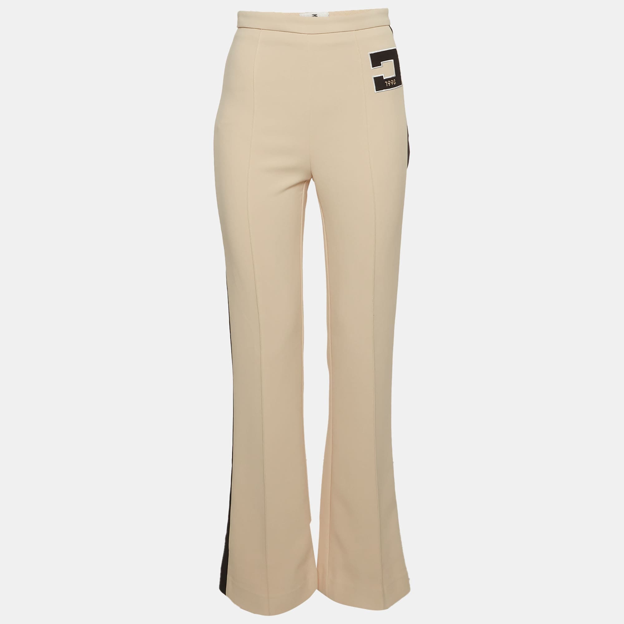 Elisabetta Franchi Beige Stretch Crepe Logo Detail Trousers