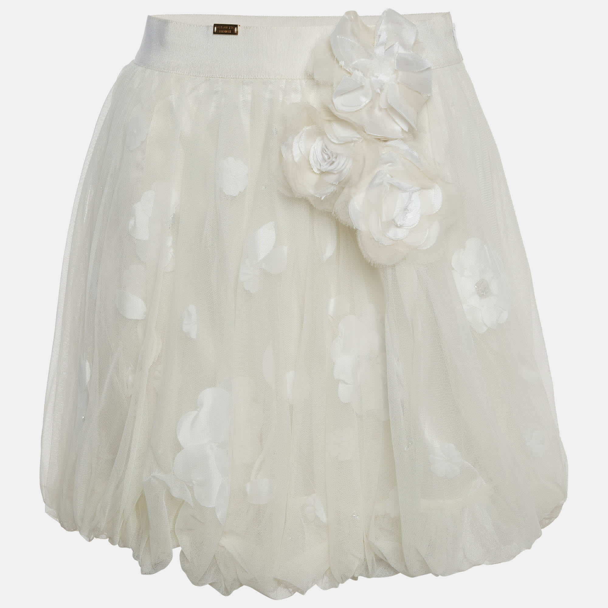 Elisabetta Franchi Off White Tulle Floral Applique Balloon Mini Skirt