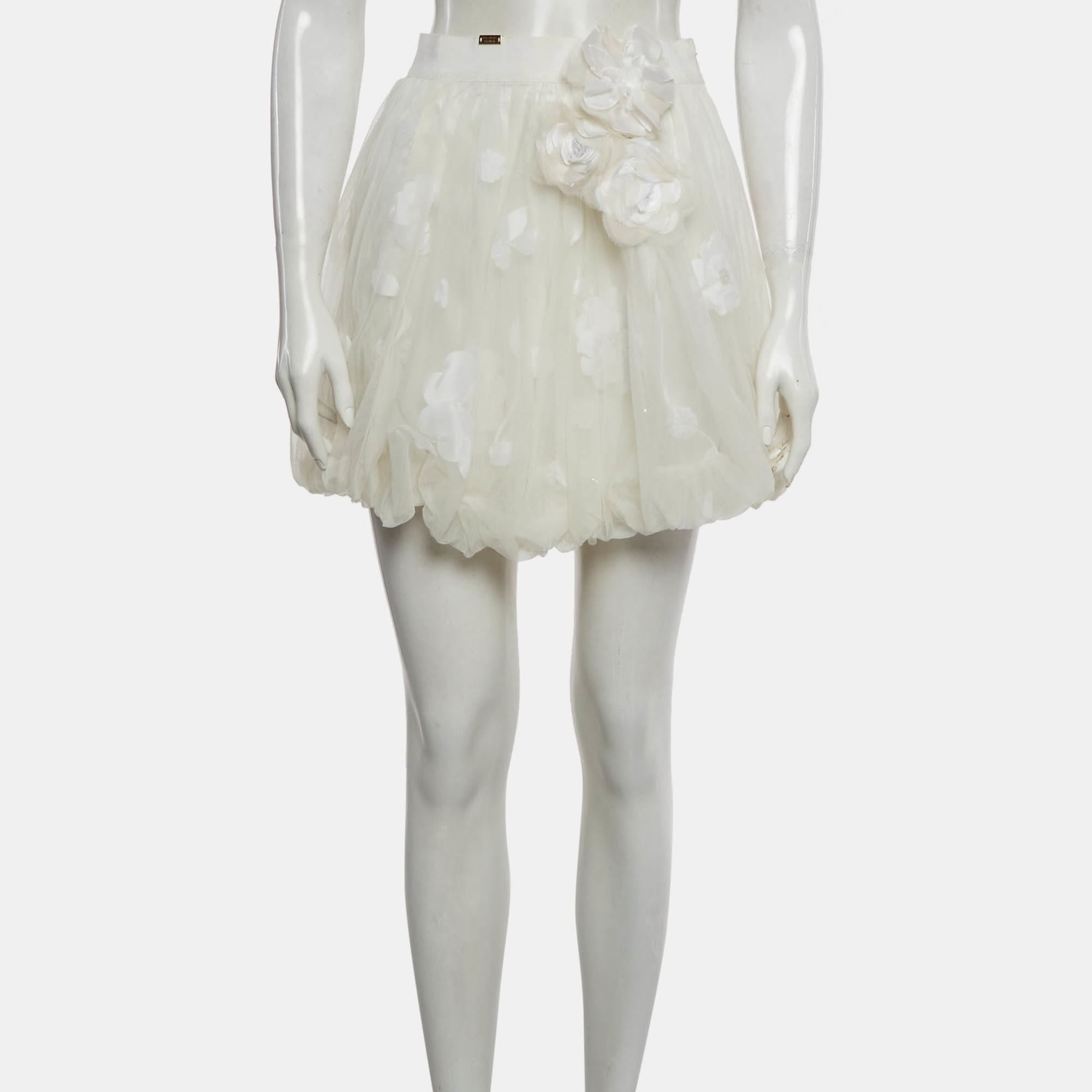 Elisabetta Franchi Off White Tulle Floral Applique Balloon Mini Skirt